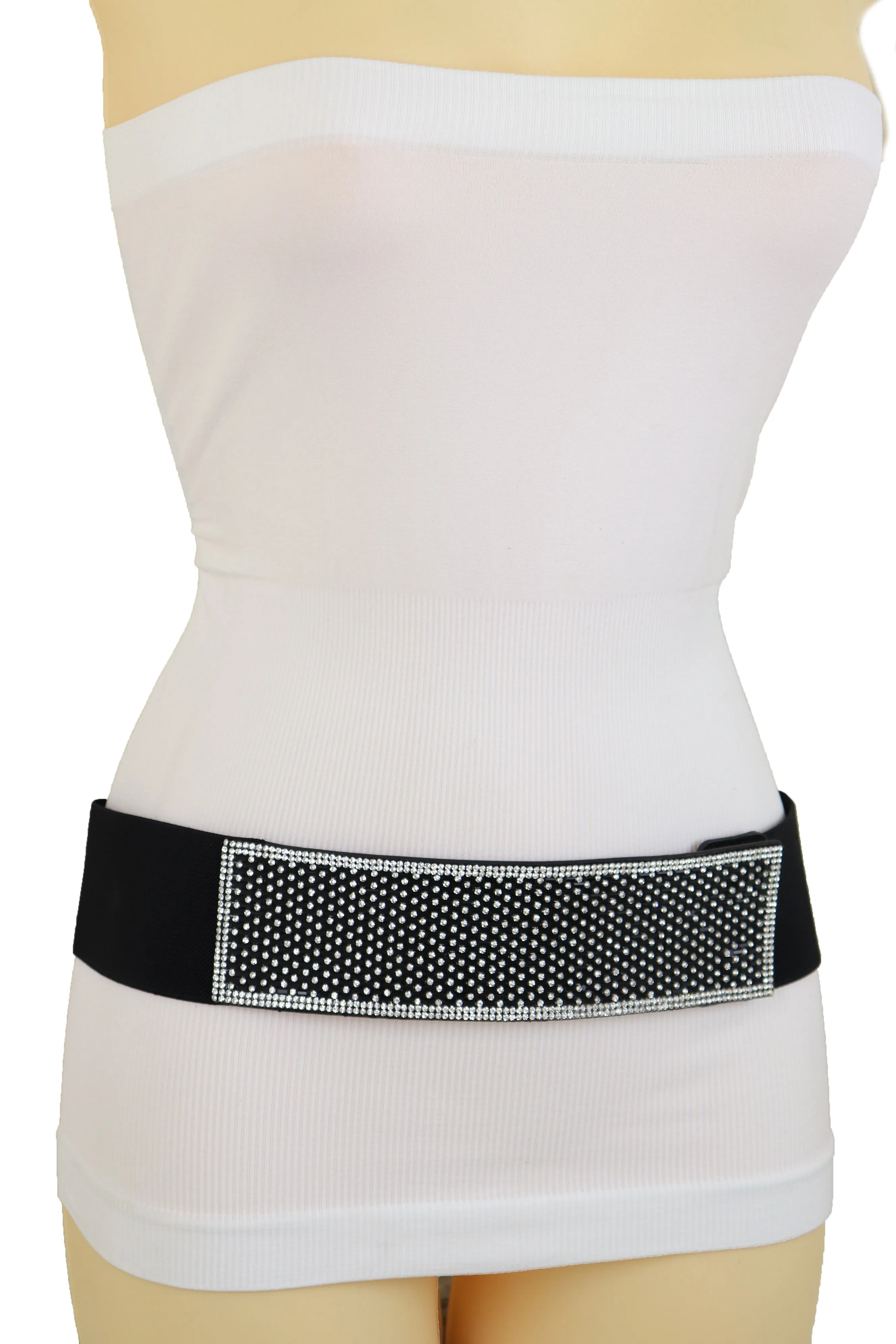 Elegant Fashion Belt Black Elastic Waistband Bling Long Plate Buckle S M