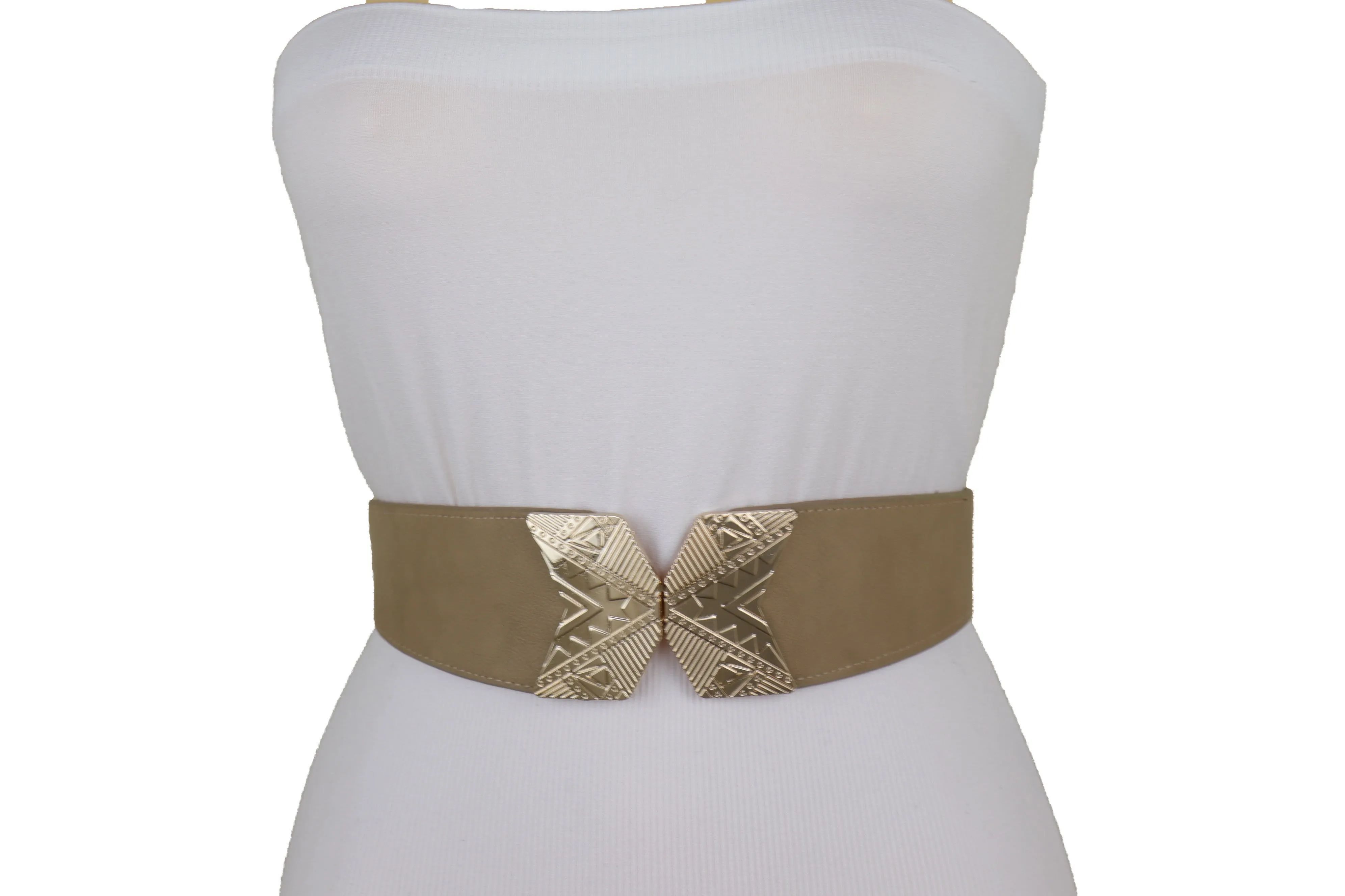 Fashion Beige Faux Leather Elastic Belt Hip Waist Gold Metal Buckle S M