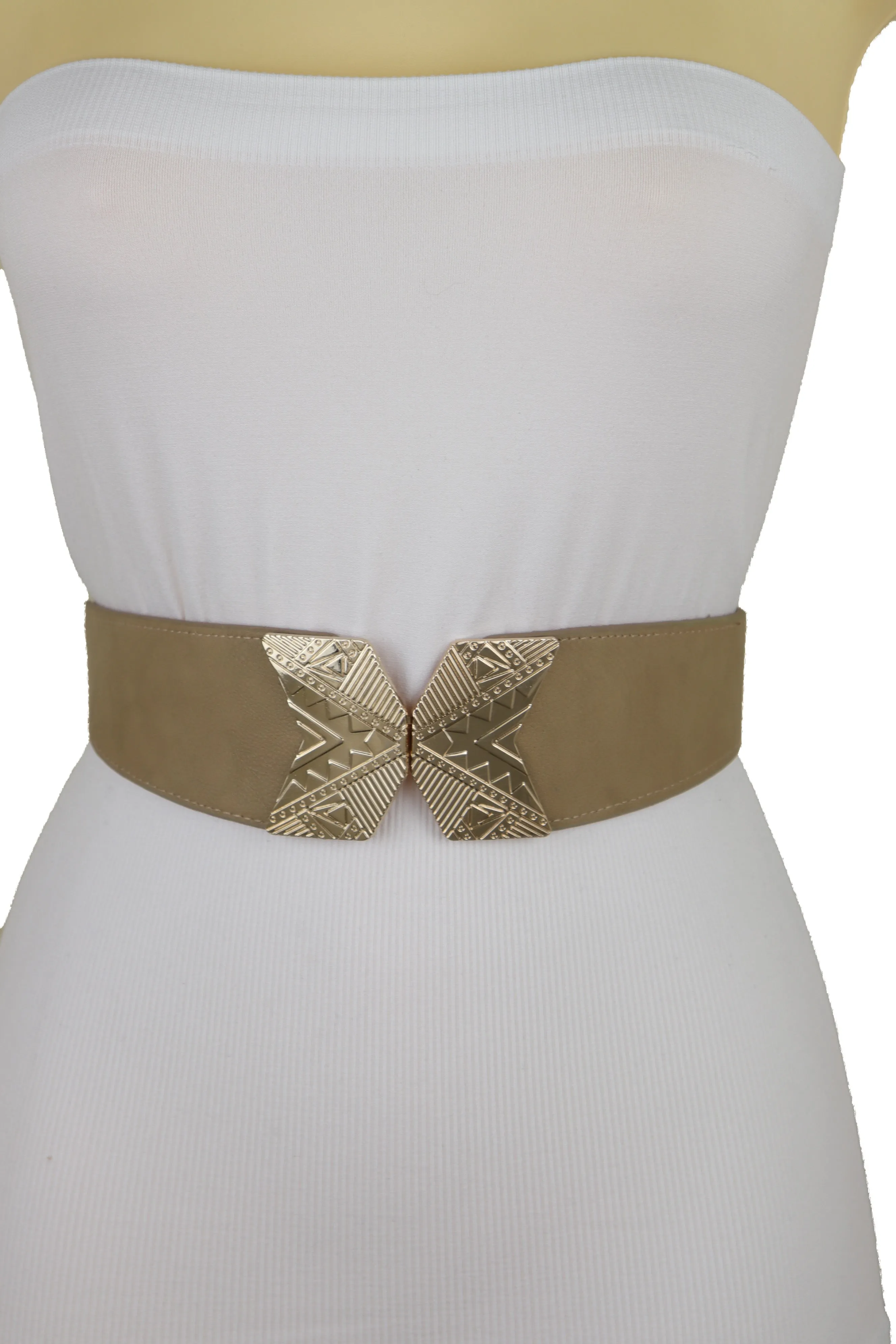 Fashion Beige Faux Leather Elastic Belt Hip Waist Gold Metal Buckle S M