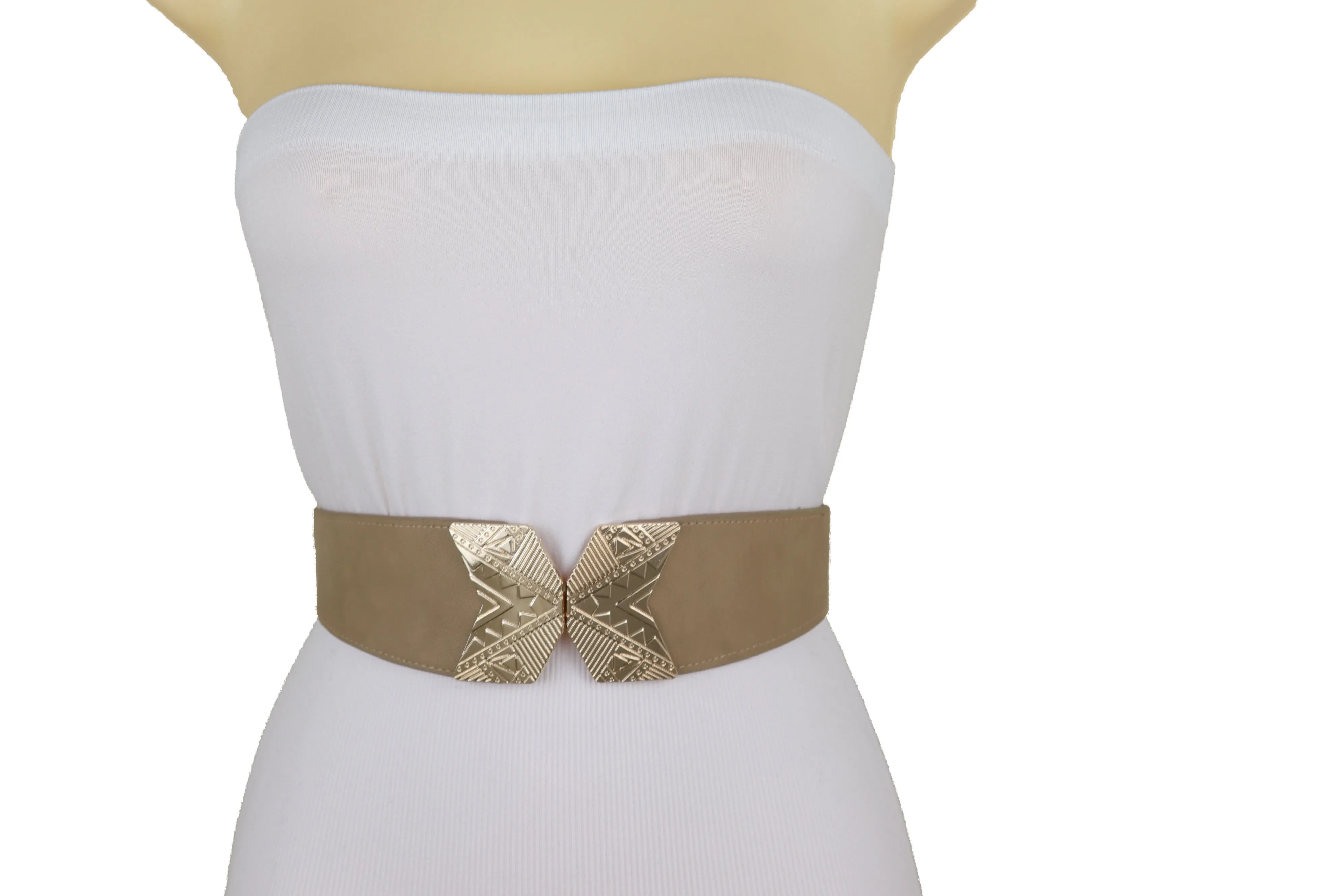 Fashion Beige Faux Leather Elastic Belt Hip Waist Gold Metal Buckle S M