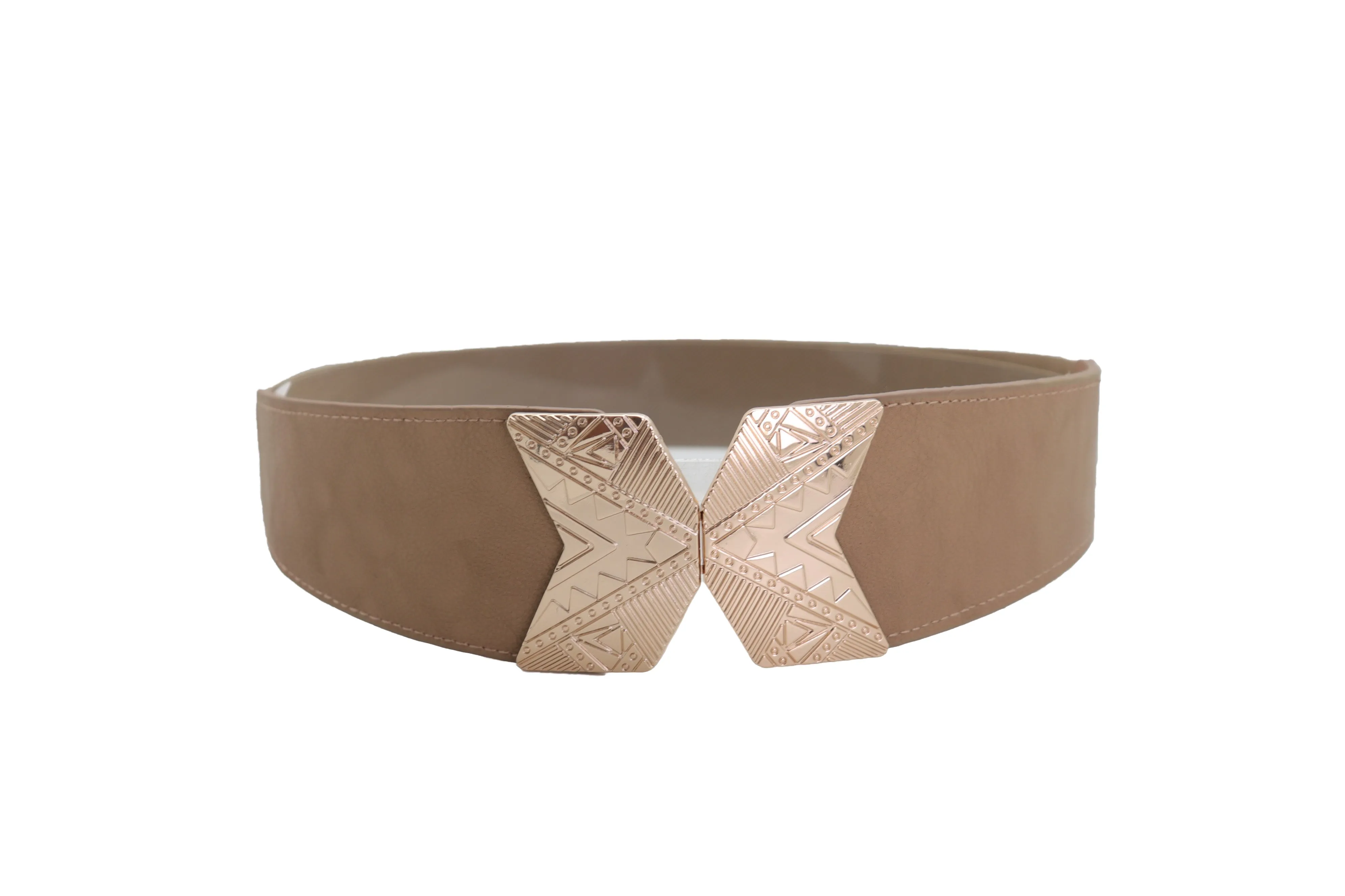 Fashion Beige Faux Leather Elastic Belt Hip Waist Gold Metal Buckle S M