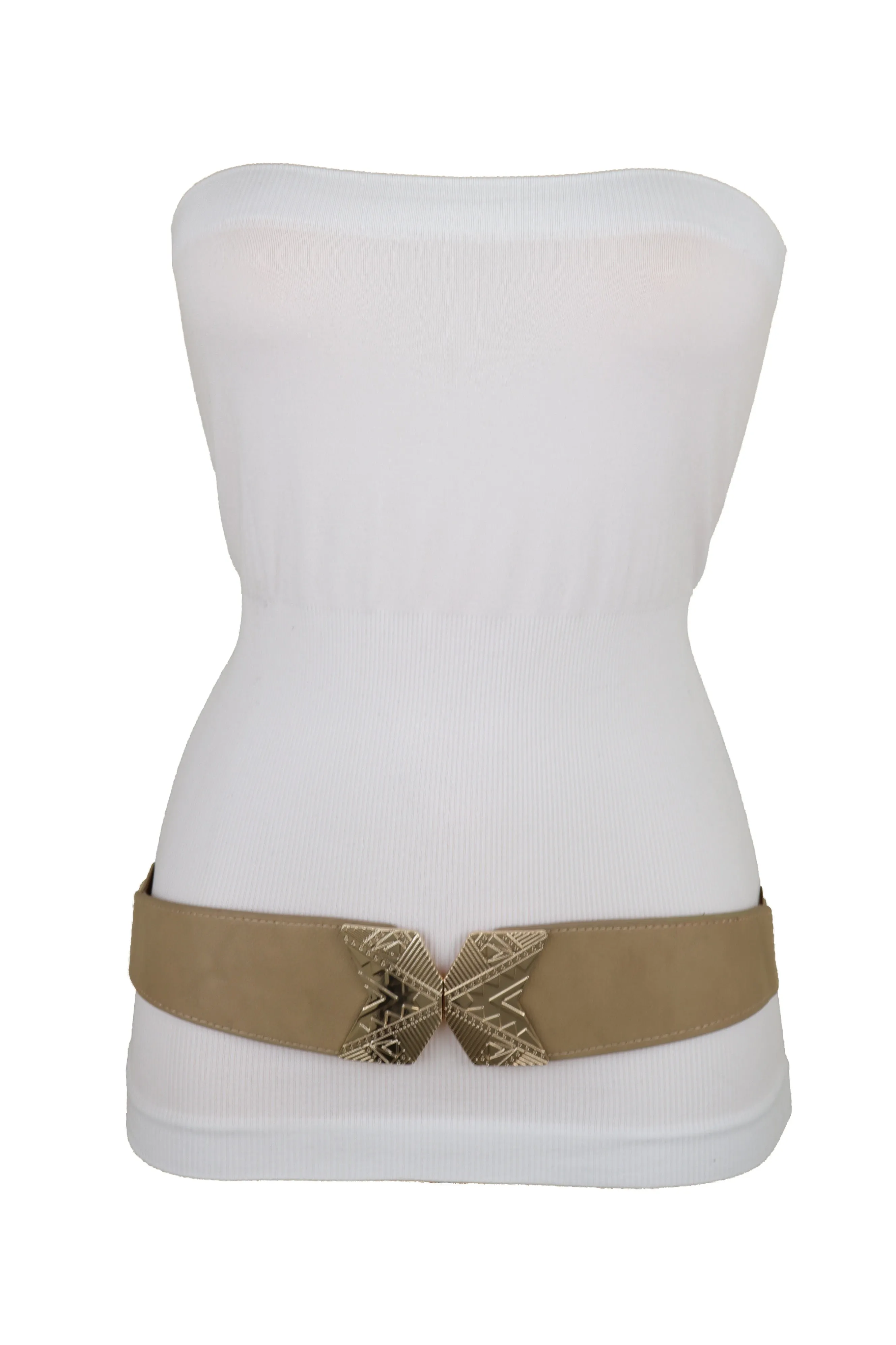 Fashion Beige Faux Leather Elastic Belt Hip Waist Gold Metal Buckle S M