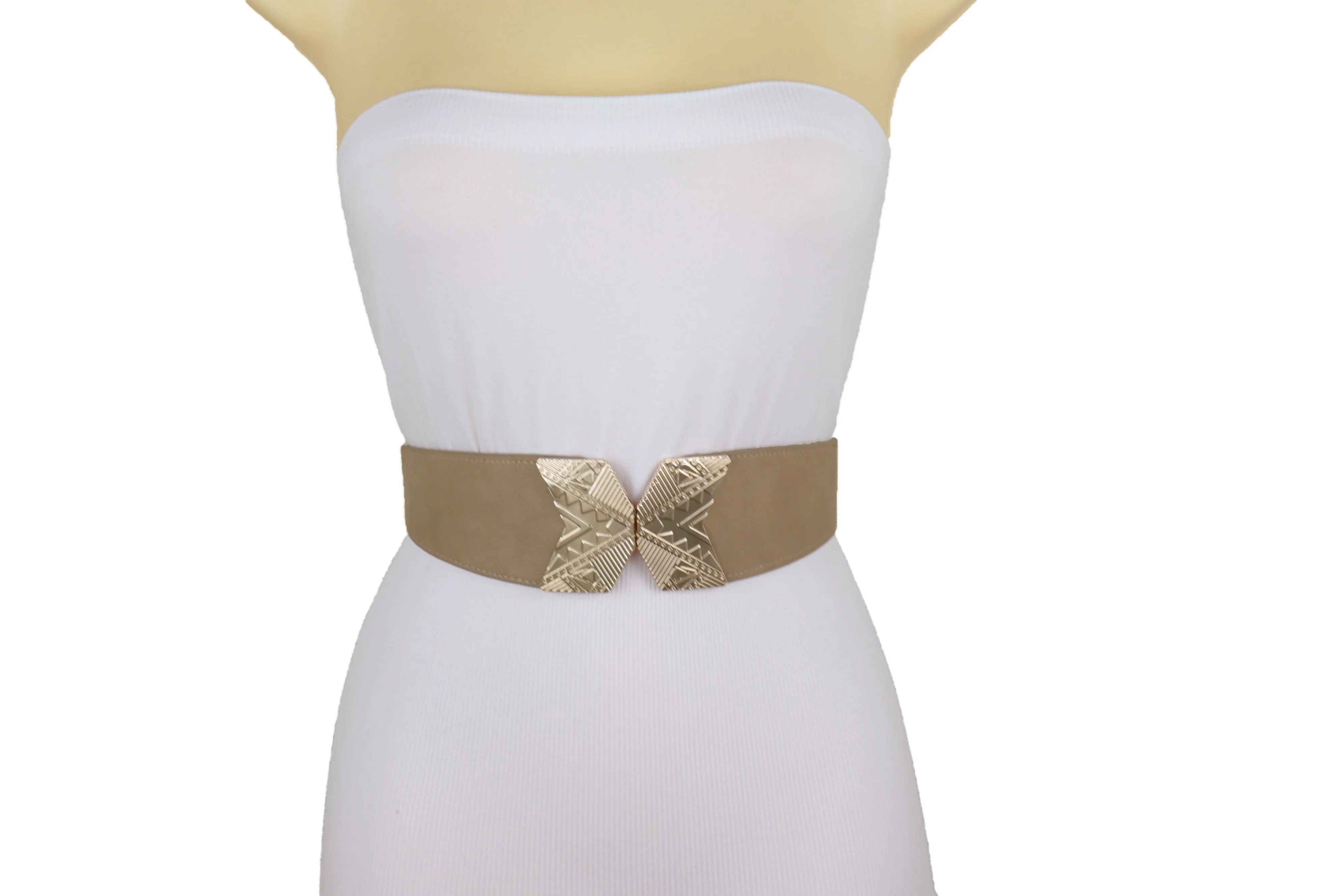 Fashion Beige Faux Leather Elastic Belt Hip Waist Gold Metal Buckle S M