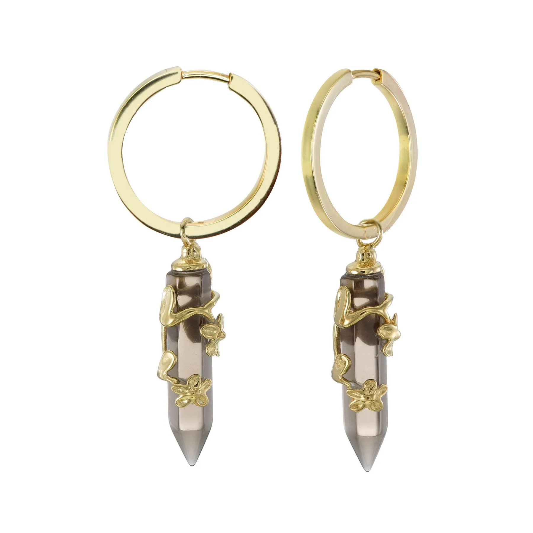 FLOWERING VINE HOOP EARRINGS - SMOKY QUARTZ - GOLD