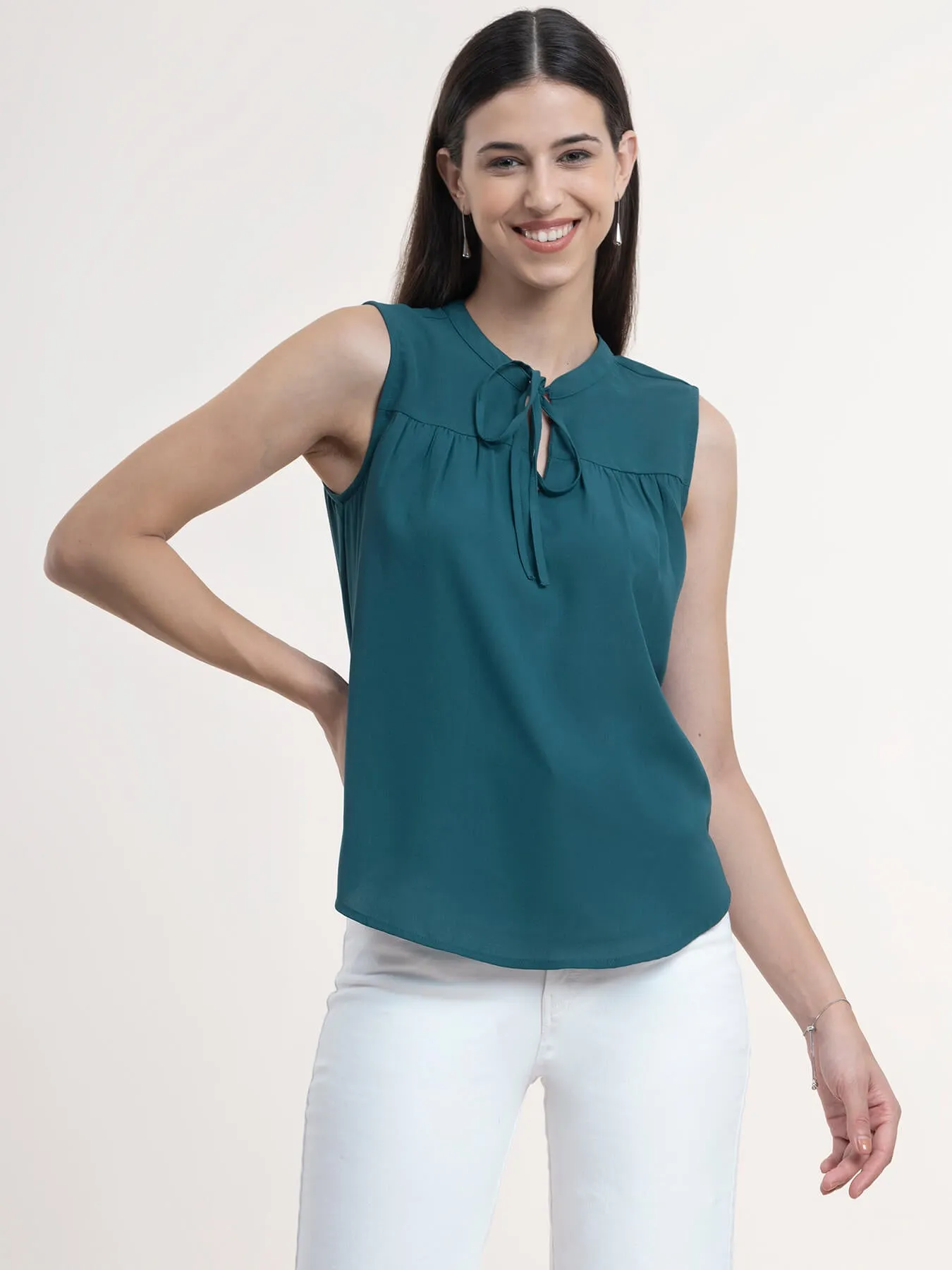 Georgette Tie-Up Neck Top - Teal