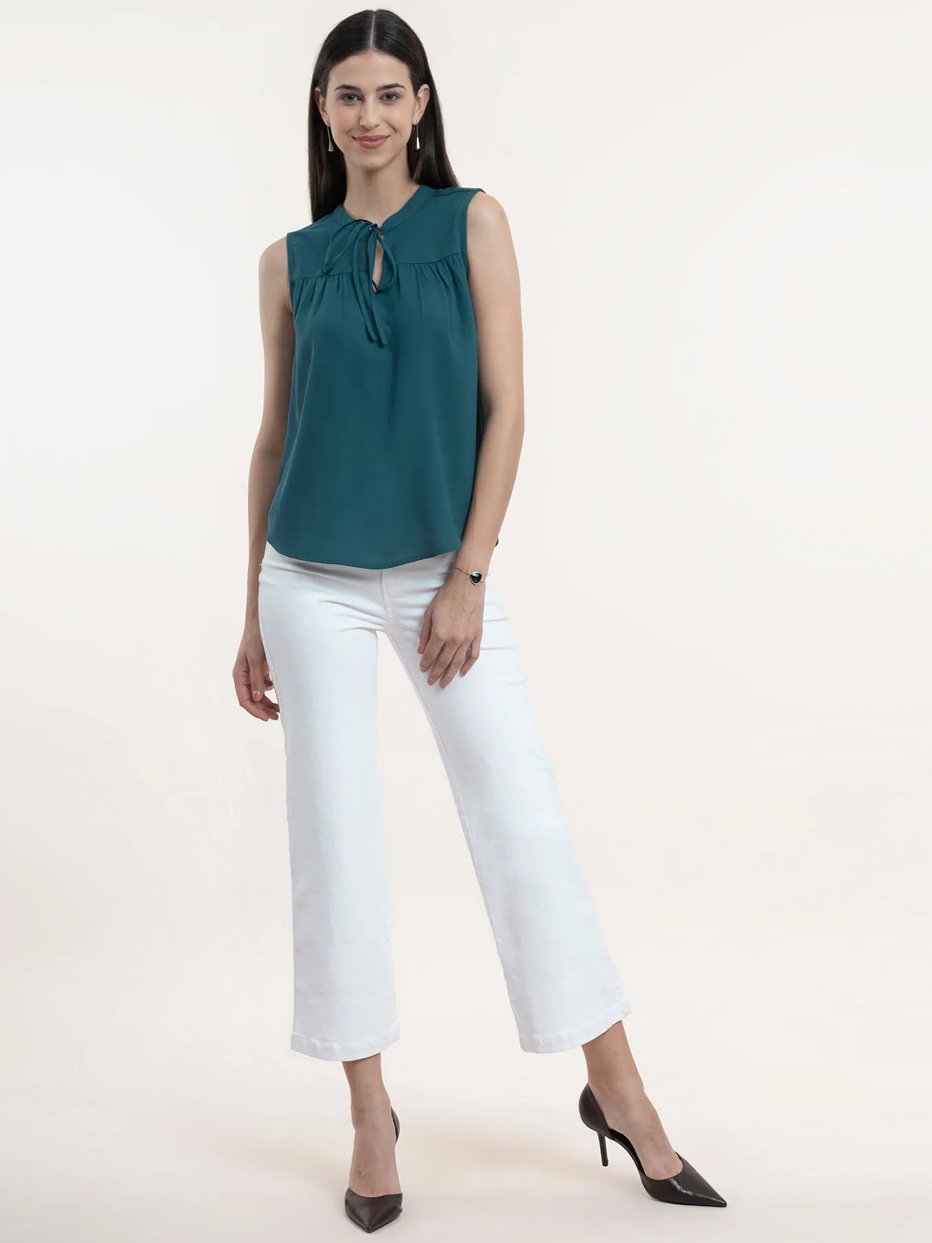 Georgette Tie-Up Neck Top - Teal