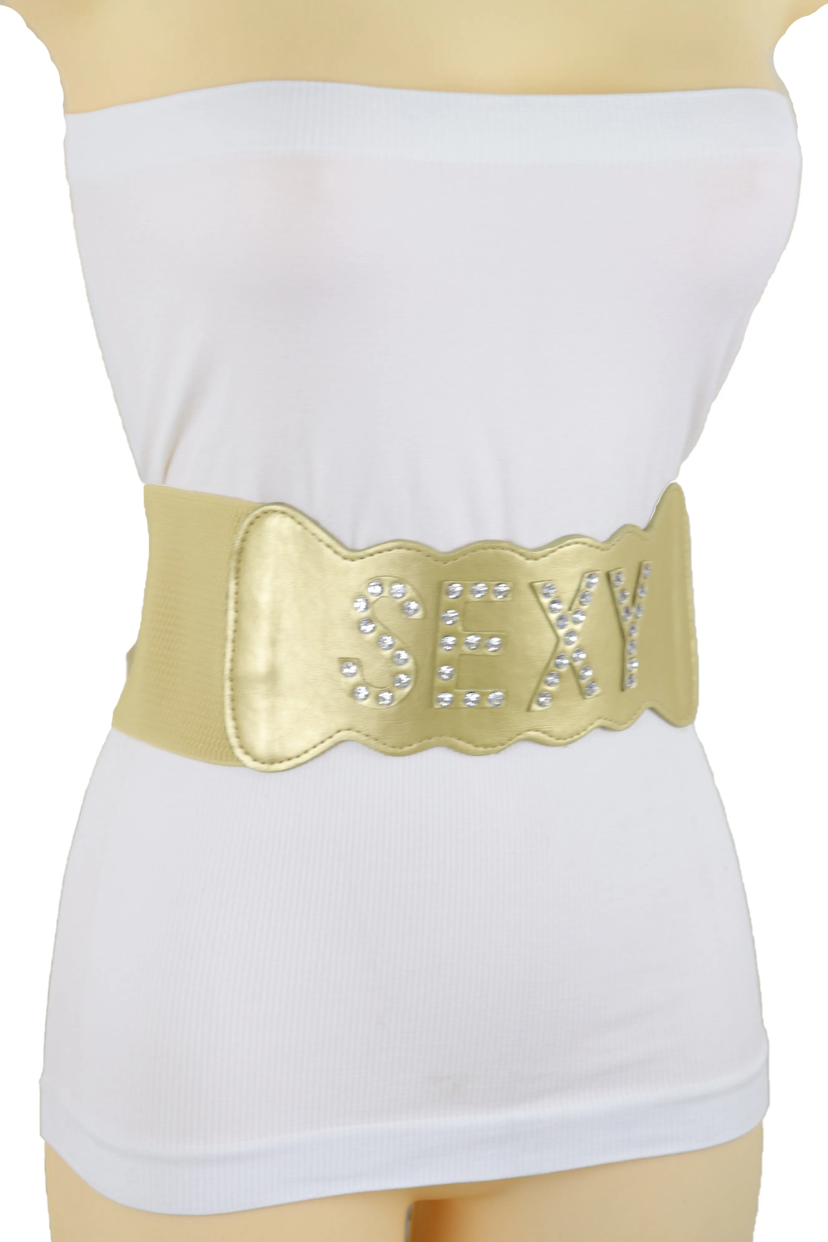 Gold Elastic Band Wide Belt Hip High Waist Silver Bling SEXY Size S M