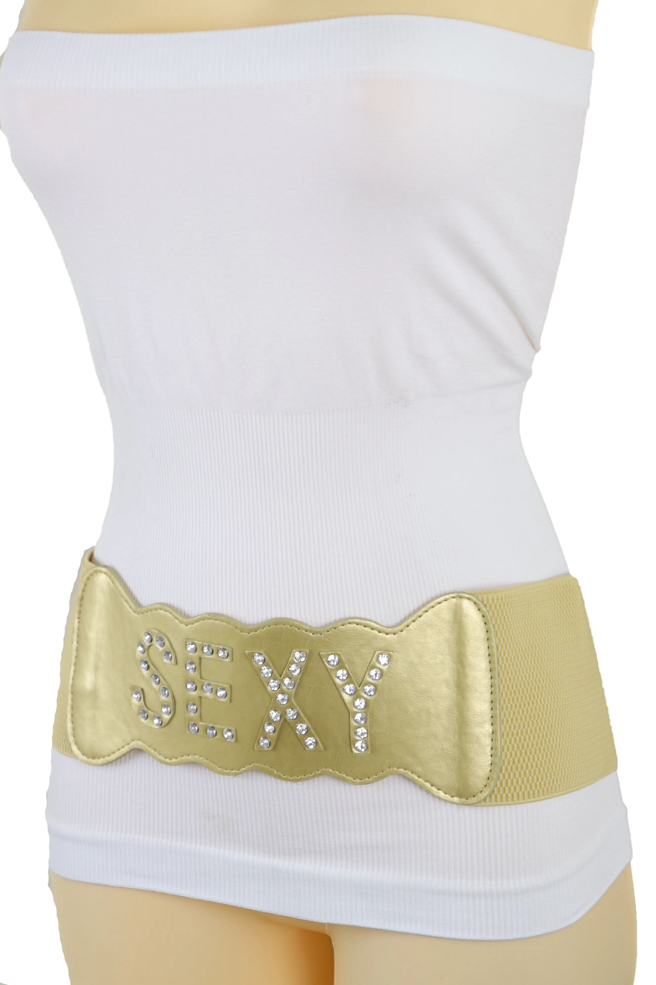 Gold Elastic Band Wide Belt Hip High Waist Silver Bling SEXY Size S M