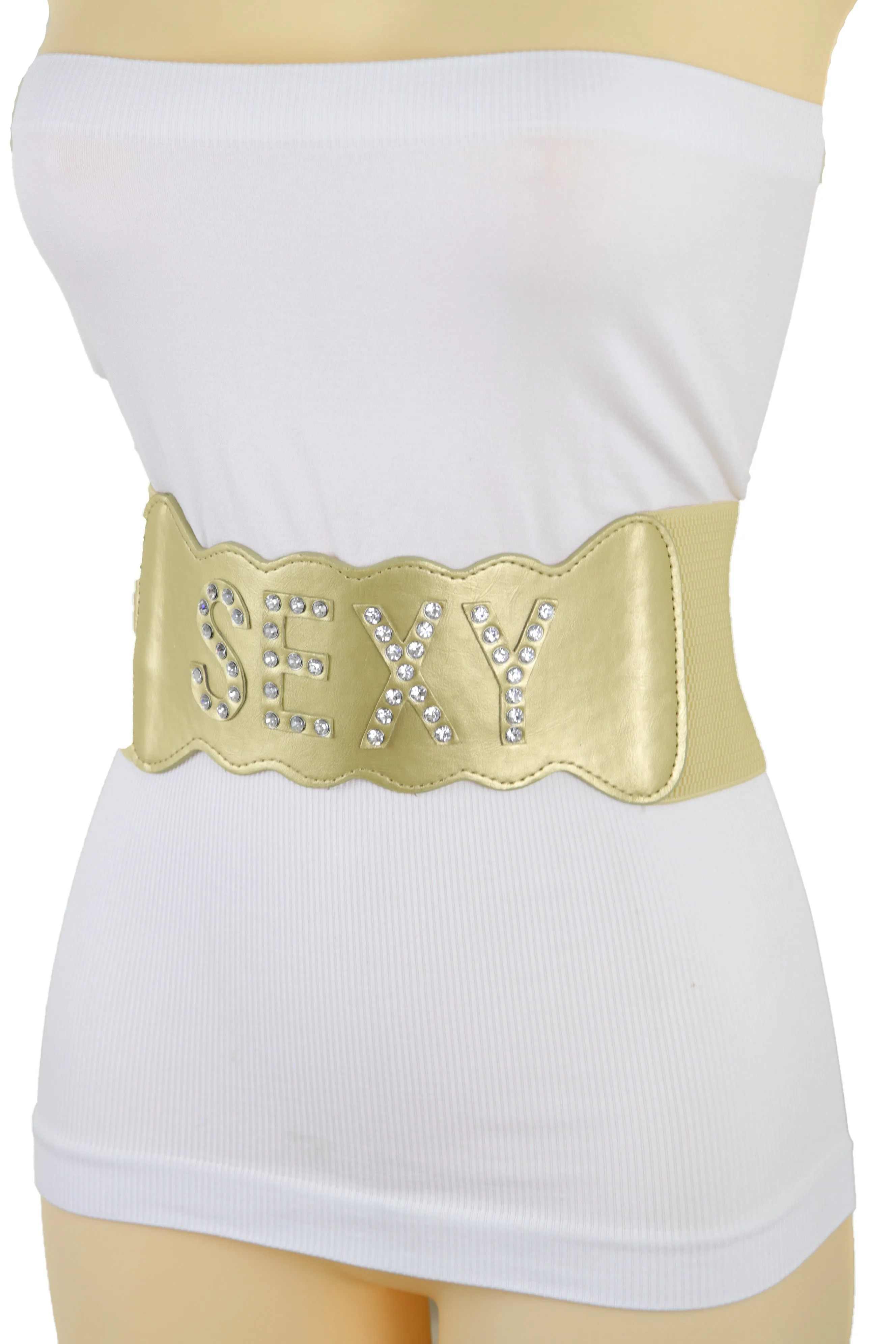 Gold Elastic Band Wide Belt Hip High Waist Silver Bling SEXY Size S M