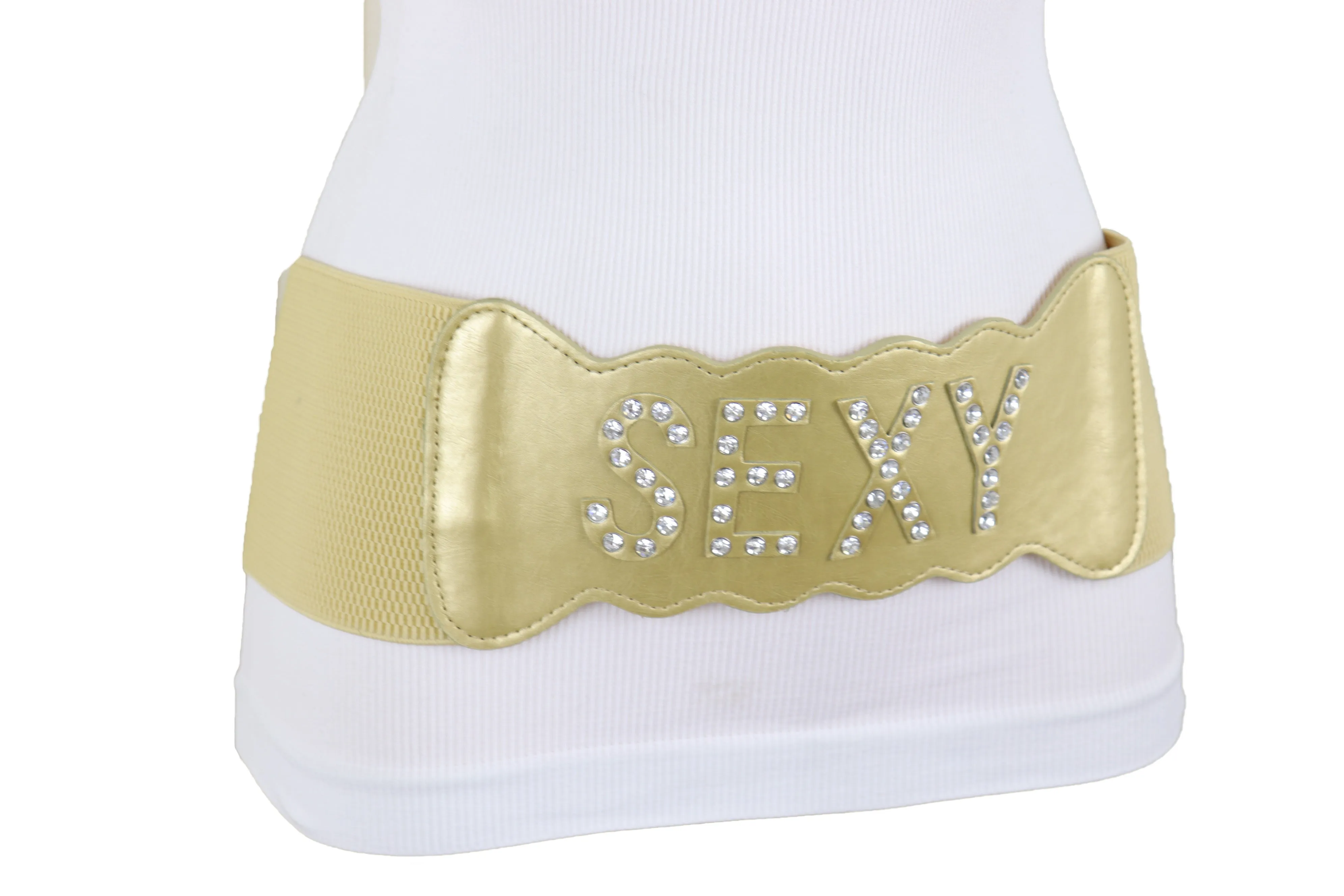 Gold Elastic Band Wide Belt Hip High Waist Silver Bling SEXY Size S M