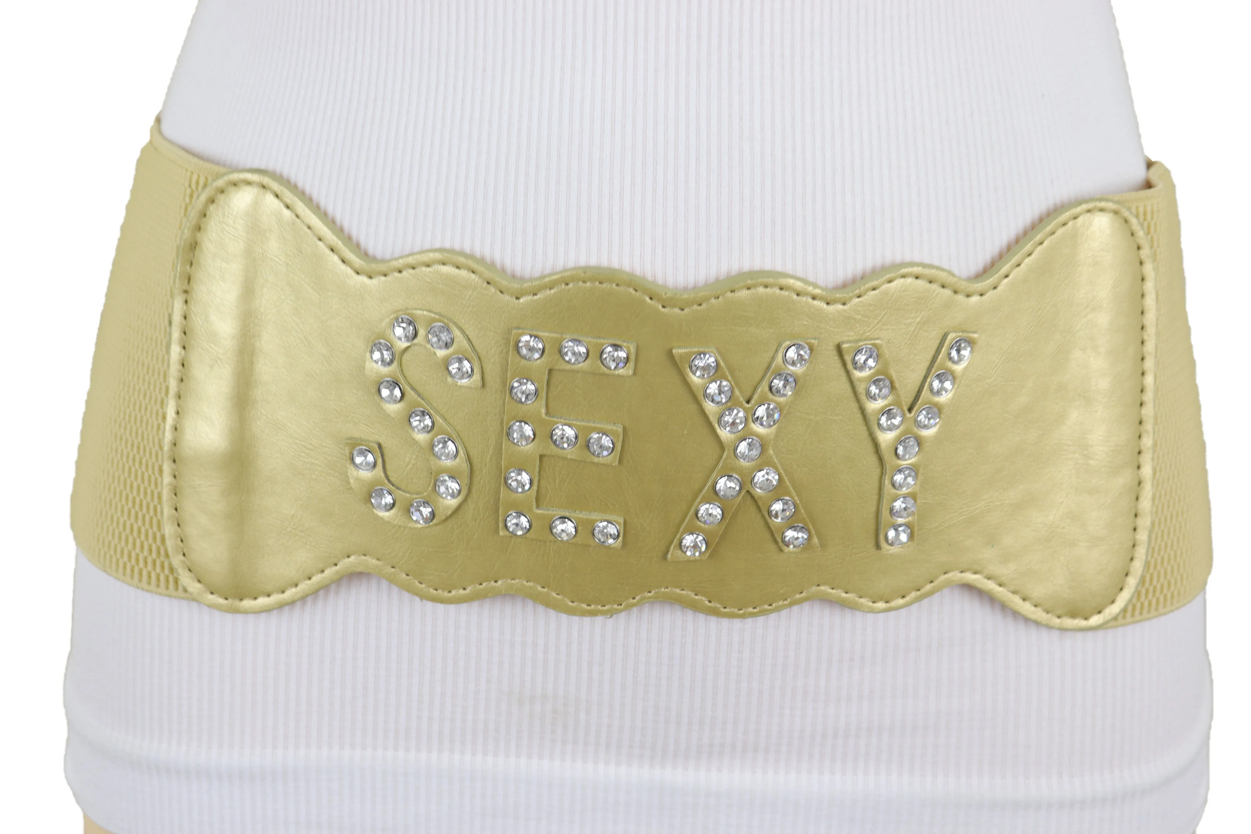 Gold Elastic Band Wide Belt Hip High Waist Silver Bling SEXY Size S M