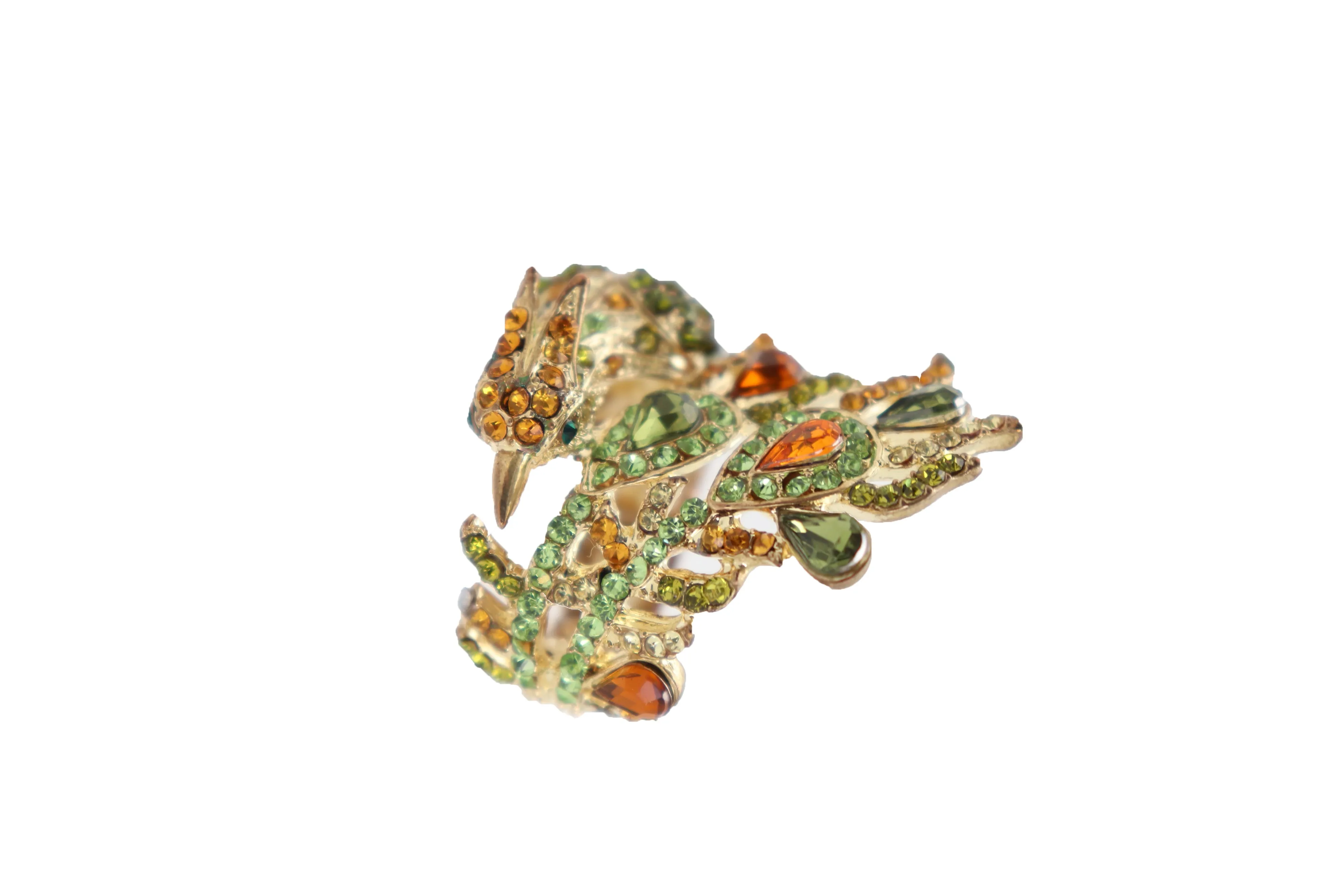 Gold Metal Bling Peacock Ring Green Feather Wrap Around