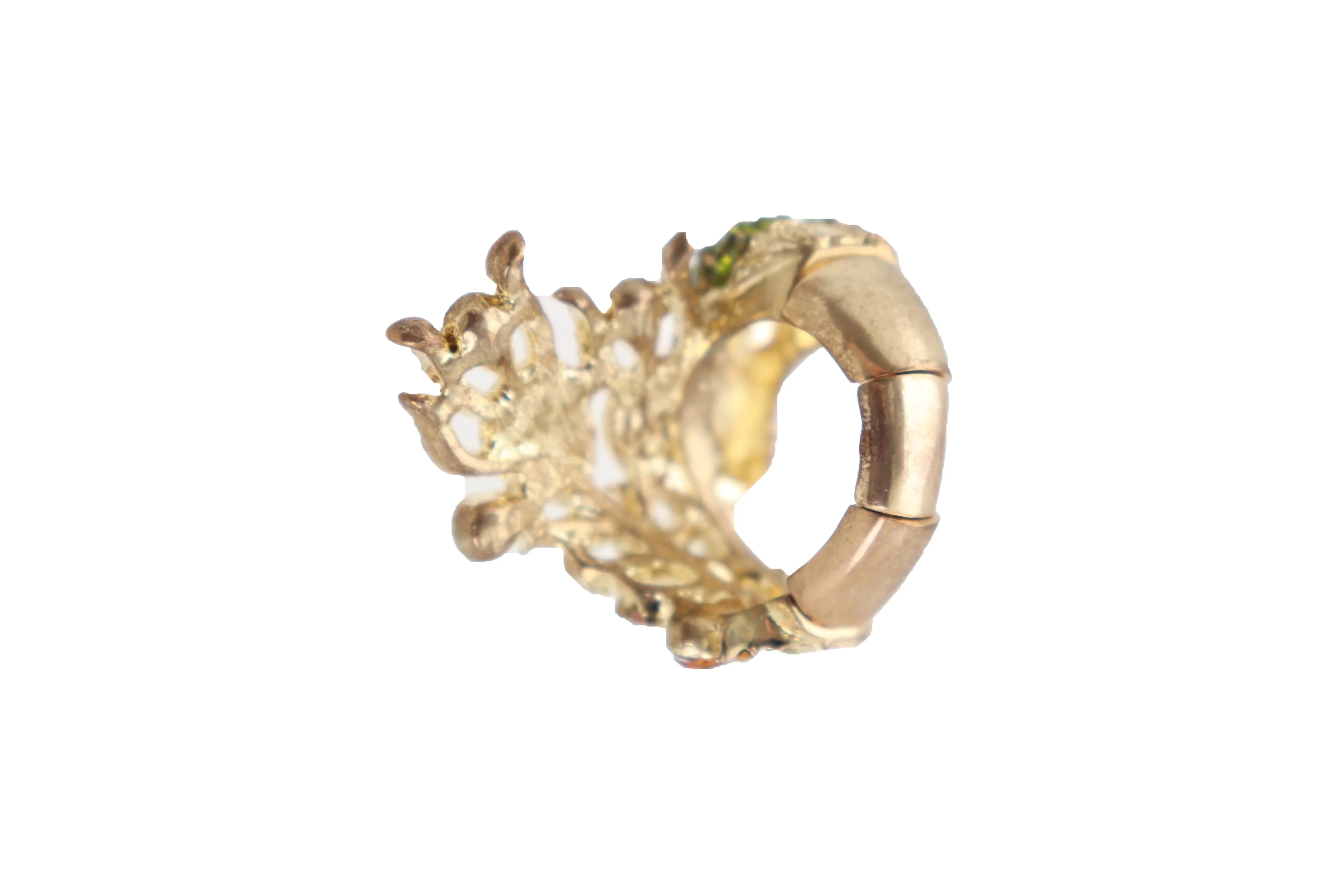 Gold Metal Bling Peacock Ring Green Feather Wrap Around