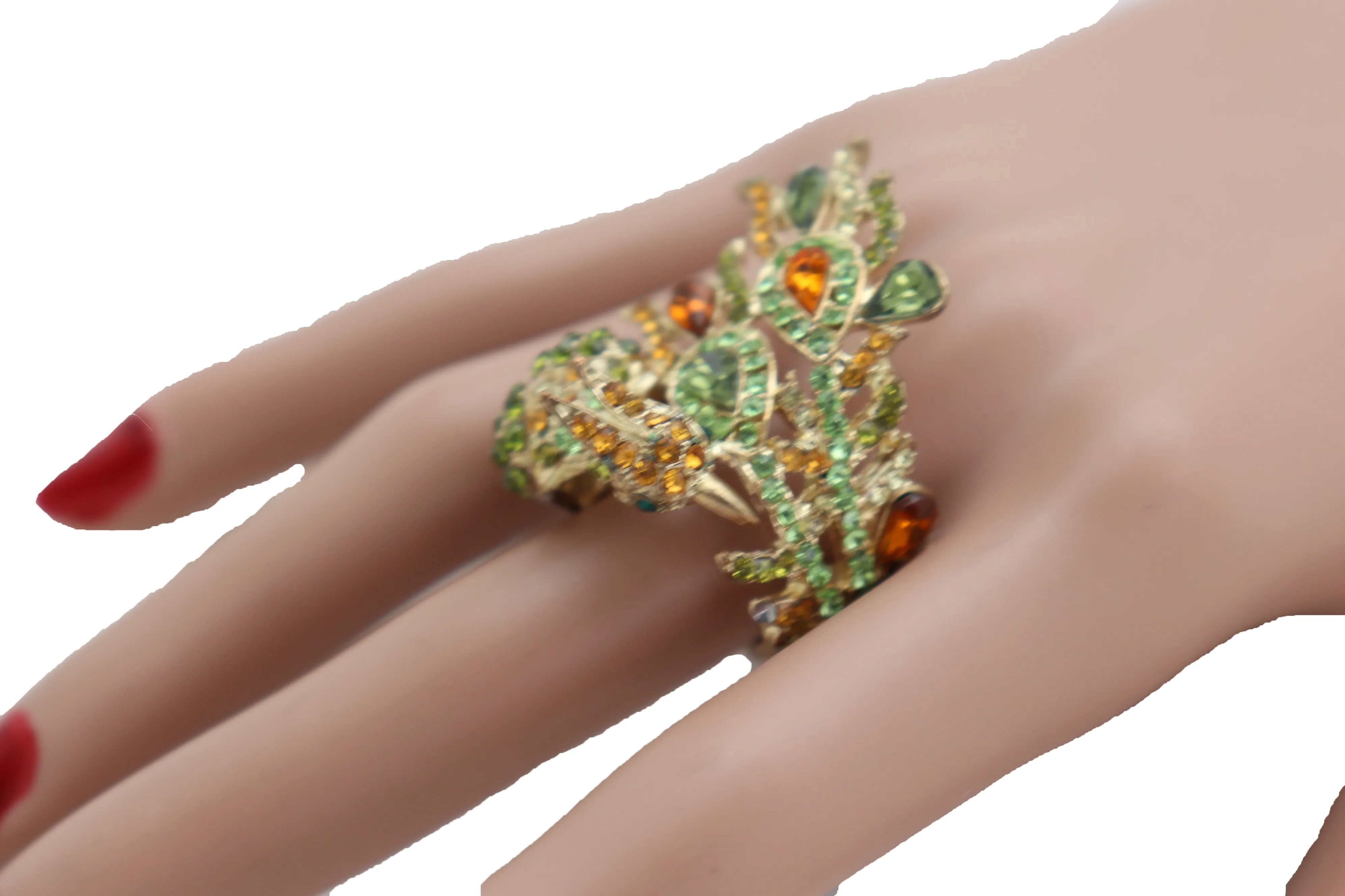 Gold Metal Bling Peacock Ring Green Feather Wrap Around