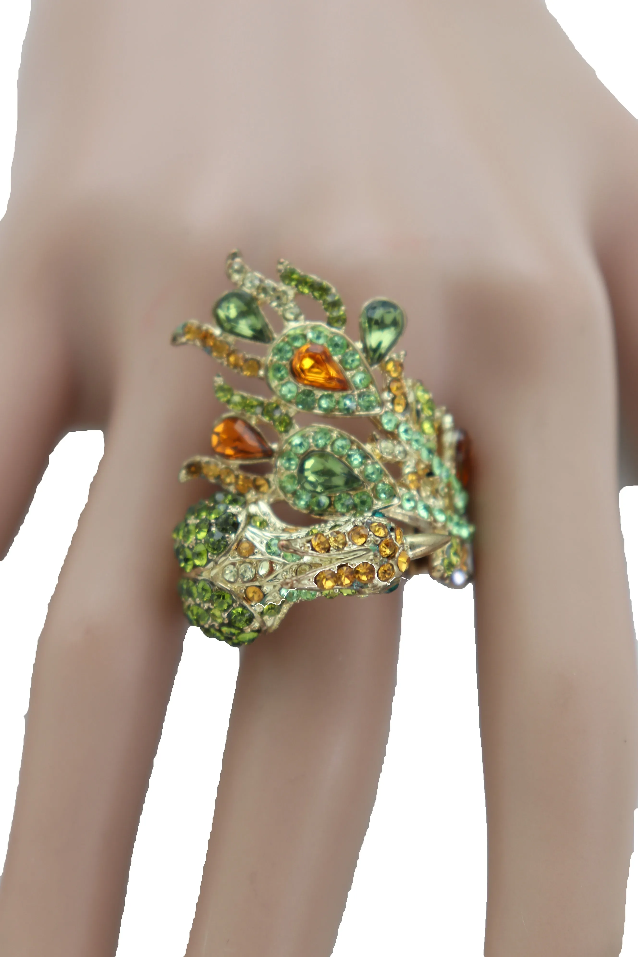 Gold Metal Bling Peacock Ring Green Feather Wrap Around