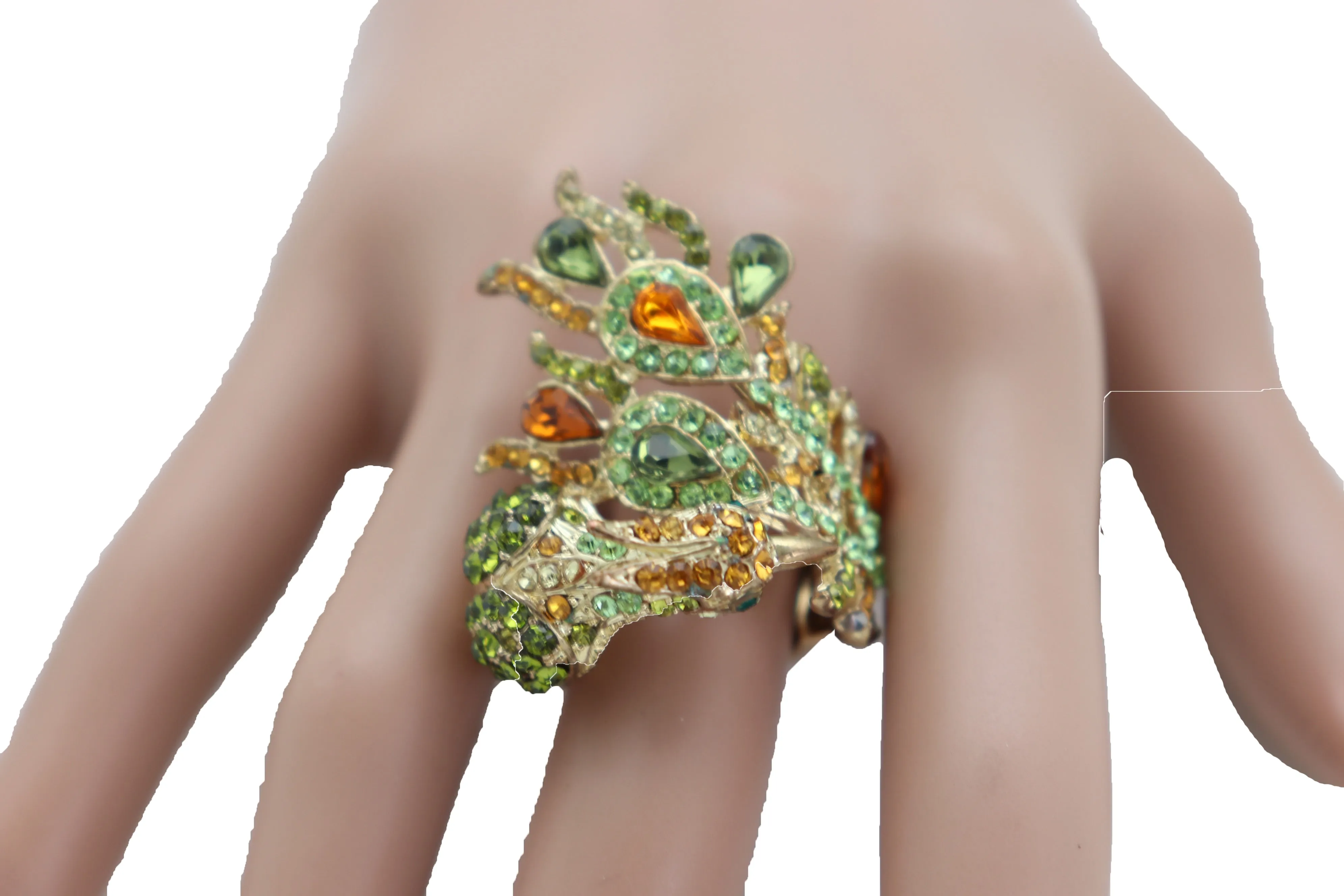 Gold Metal Bling Peacock Ring Green Feather Wrap Around