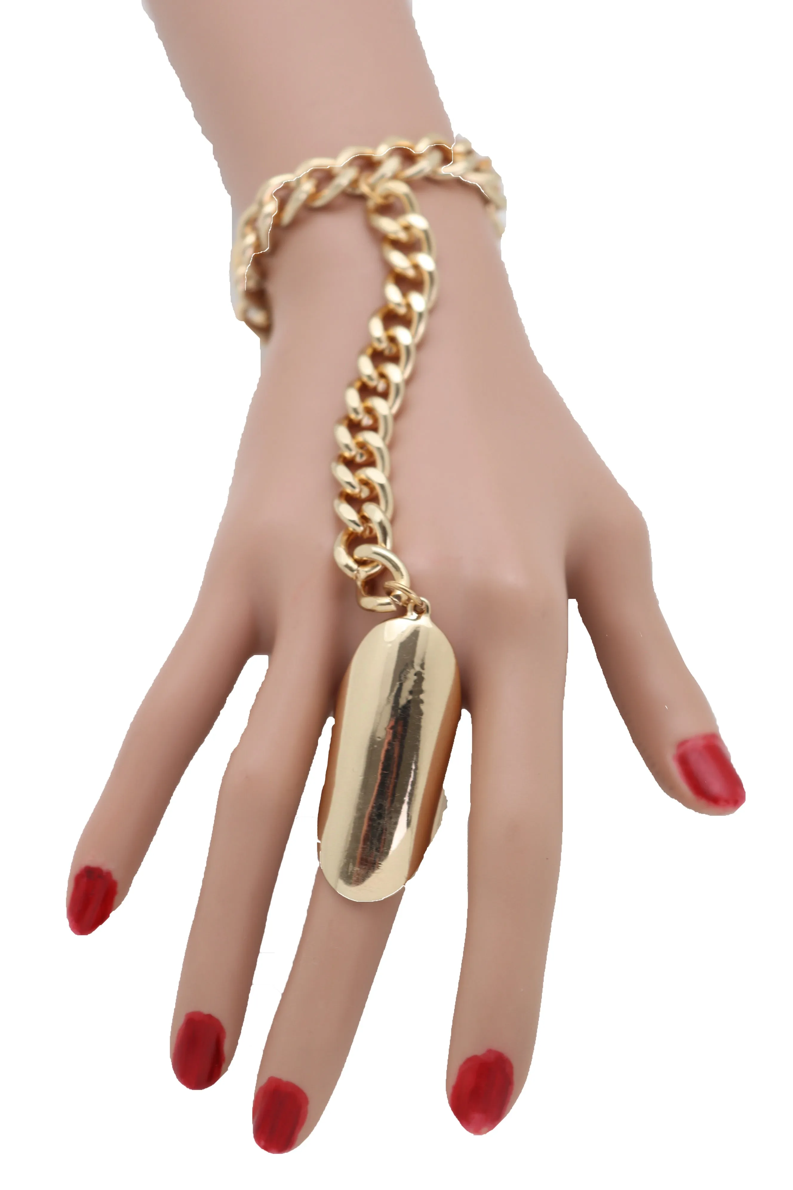 Gold Metal Hand Chain Wrist Bracelet Bling Connected Ring