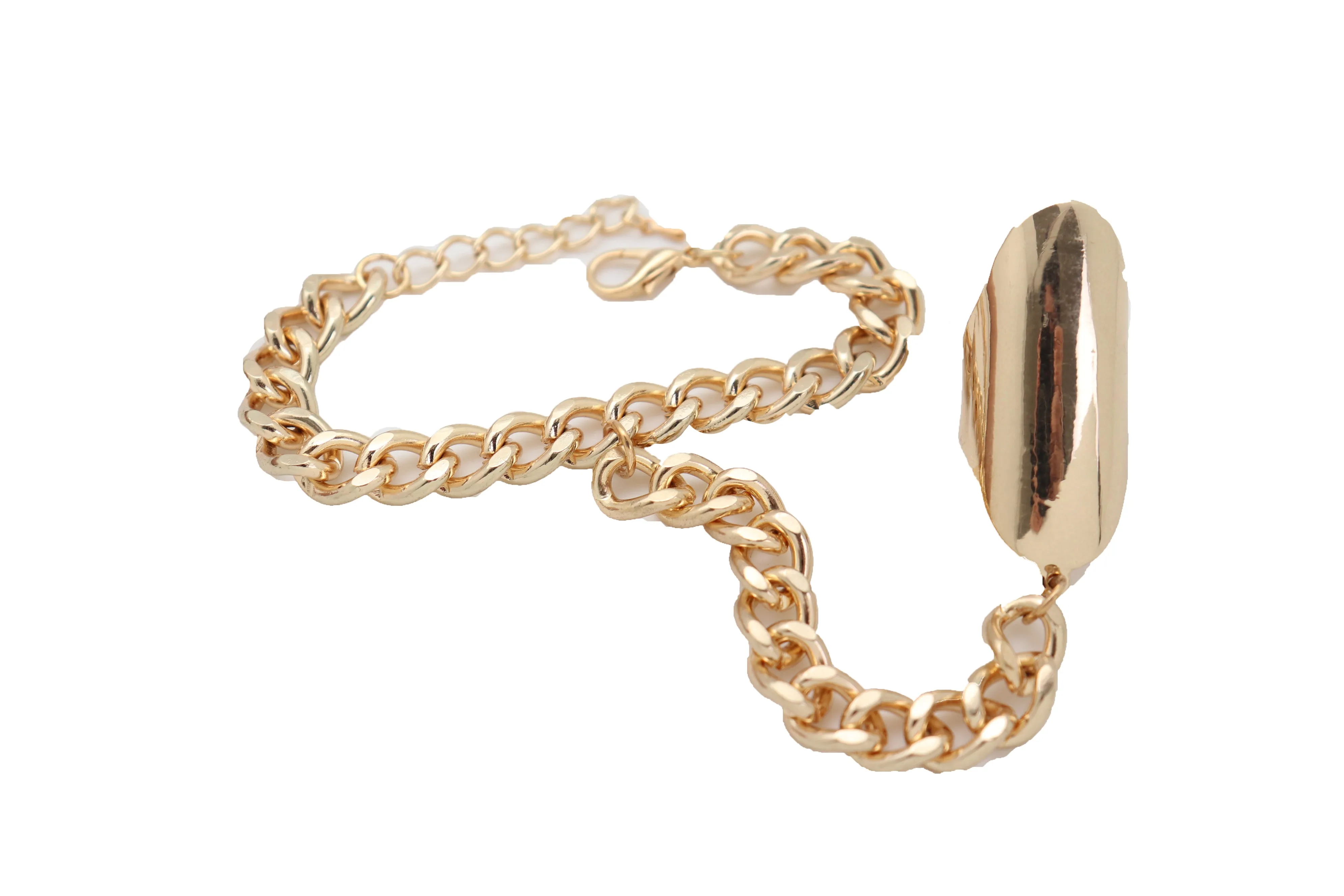 Gold Metal Hand Chain Wrist Bracelet Bling Connected Ring