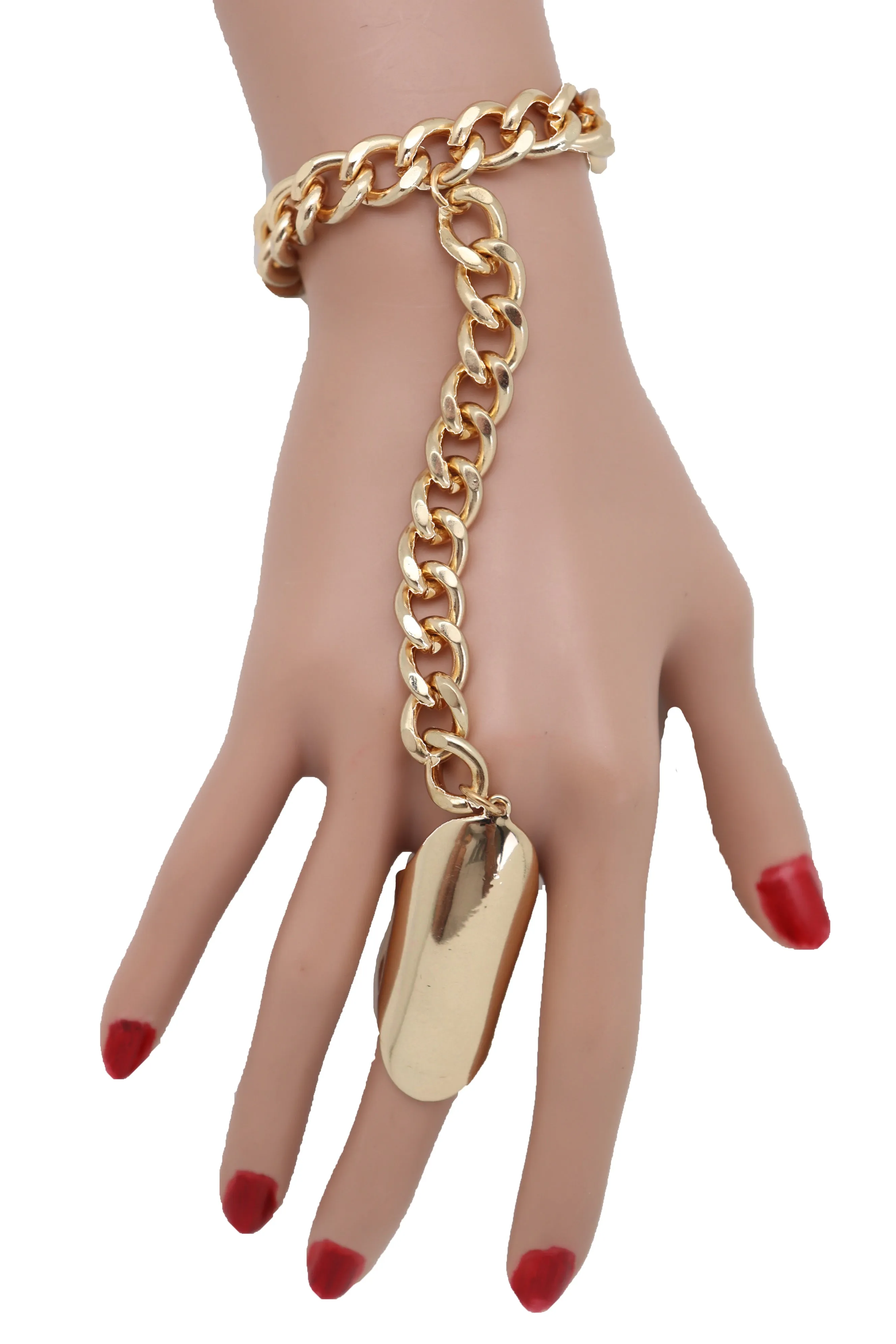 Gold Metal Hand Chain Wrist Bracelet Bling Connected Ring