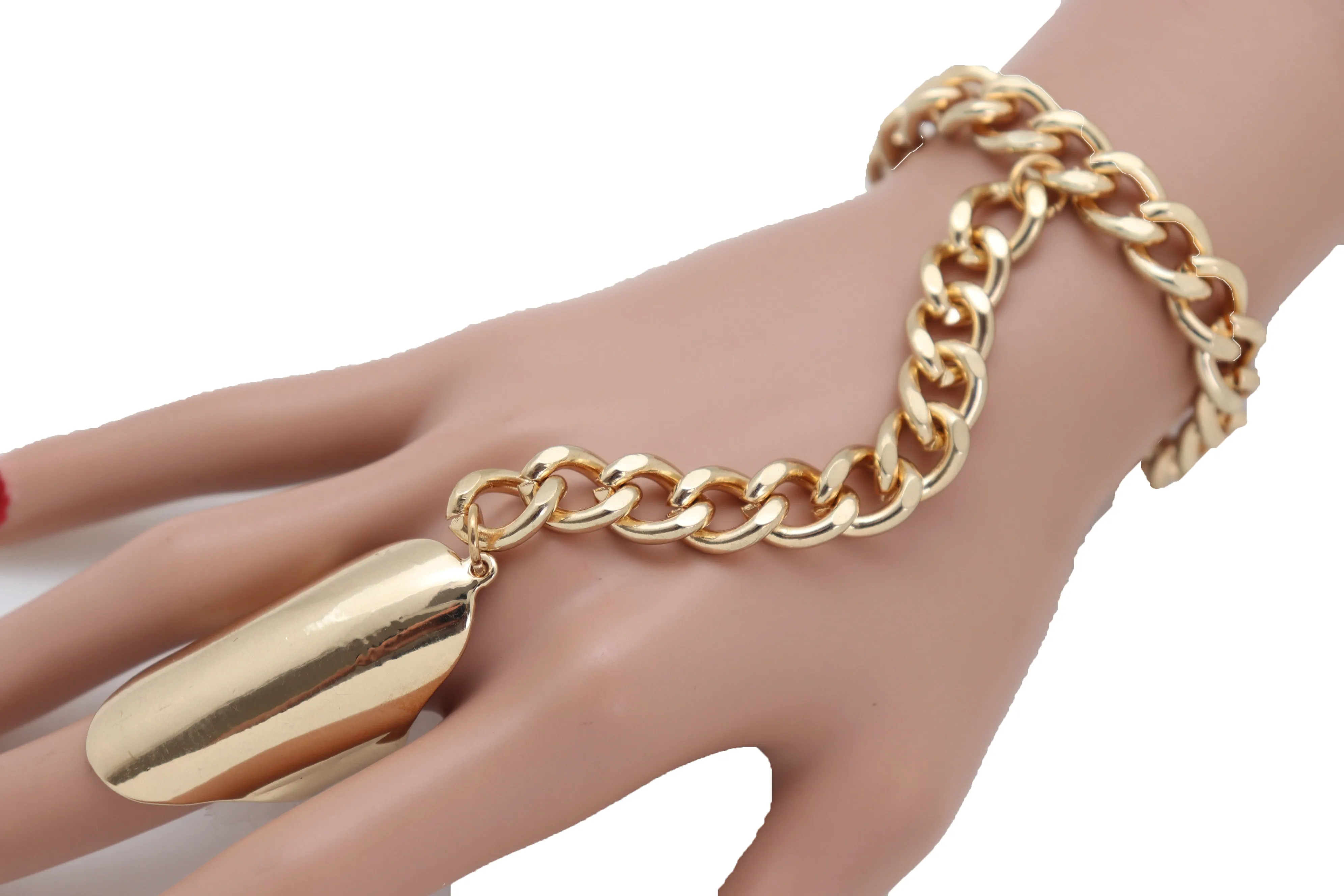 Gold Metal Hand Chain Wrist Bracelet Bling Connected Ring