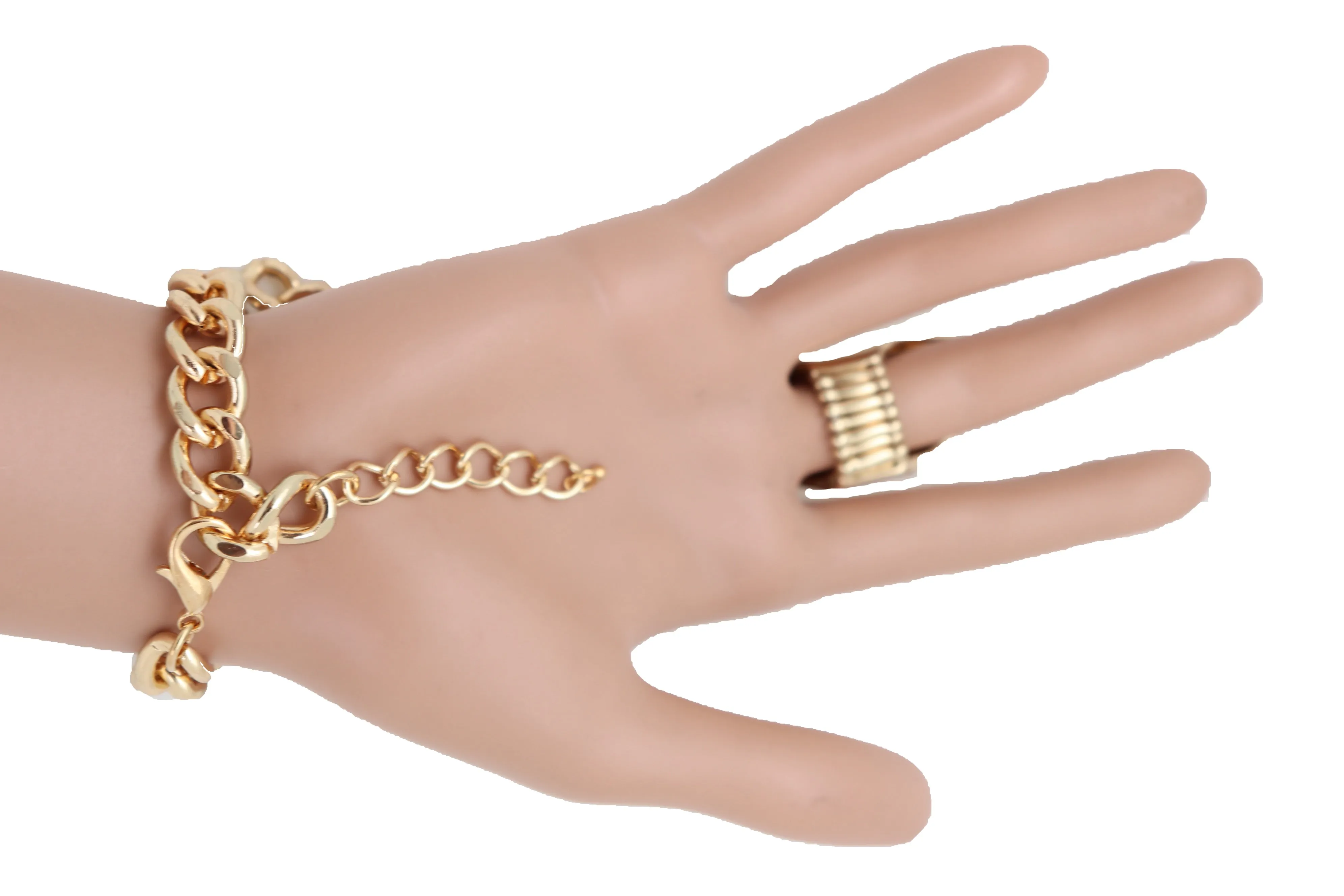 Gold Metal Hand Chain Wrist Bracelet Bling Connected Ring