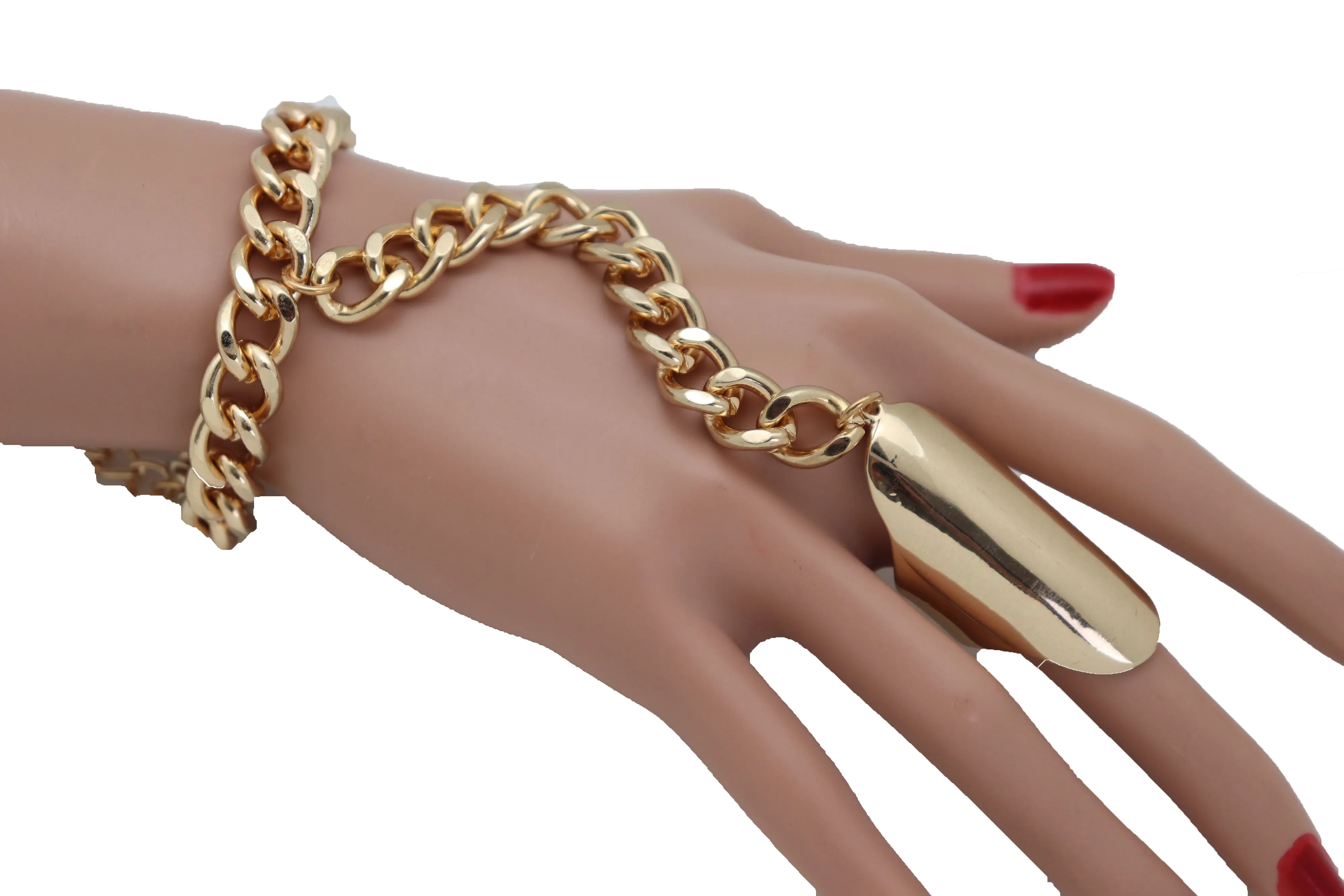 Gold Metal Hand Chain Wrist Bracelet Bling Connected Ring