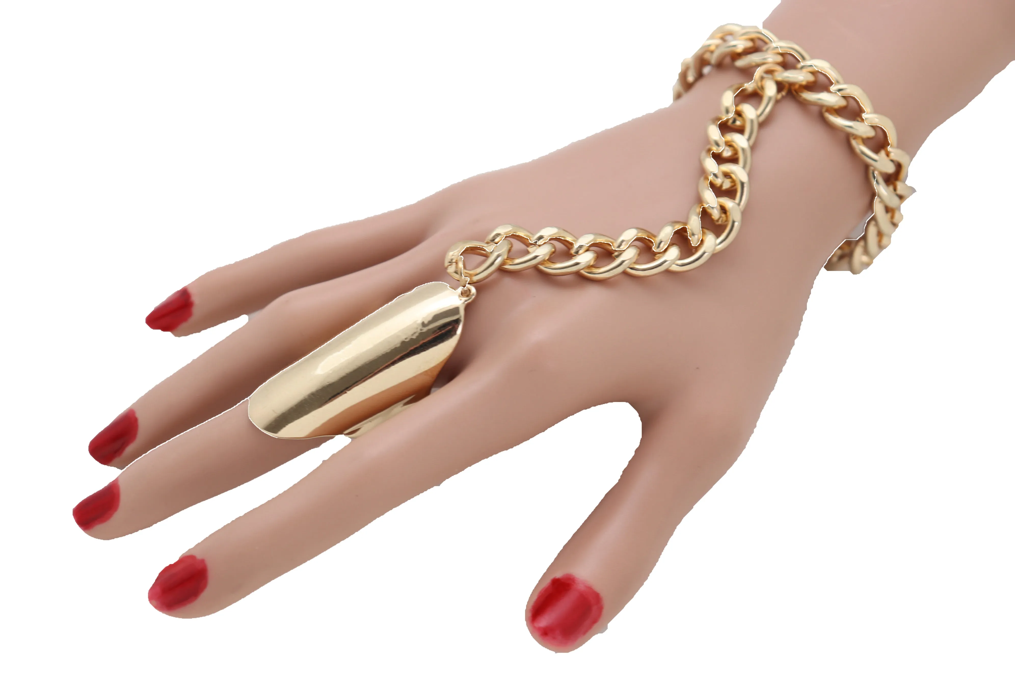 Gold Metal Hand Chain Wrist Bracelet Bling Connected Ring