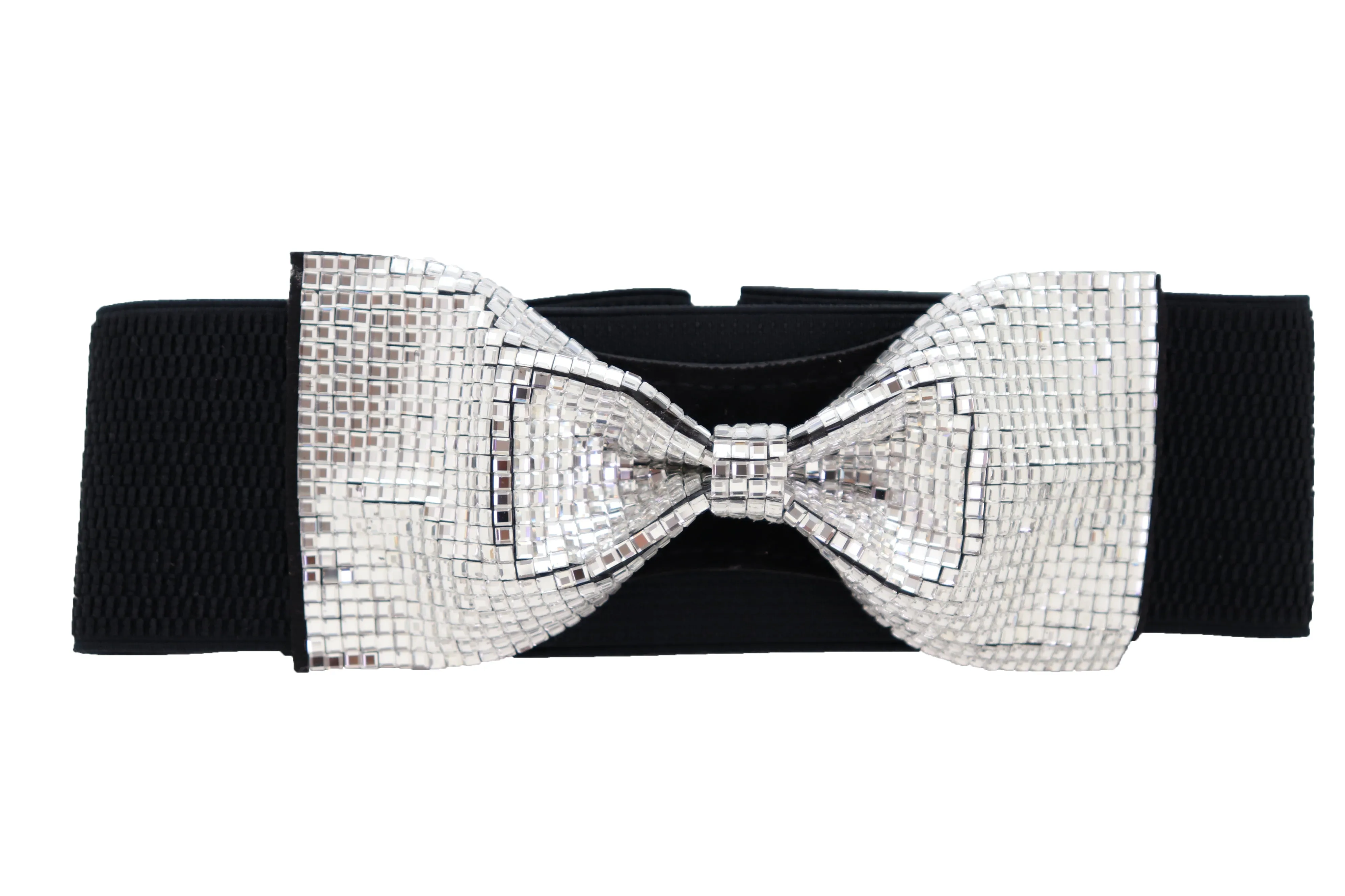 High Waist Hip Silver Bling Bow Tie Buckle Belt Black Elastic Band S M