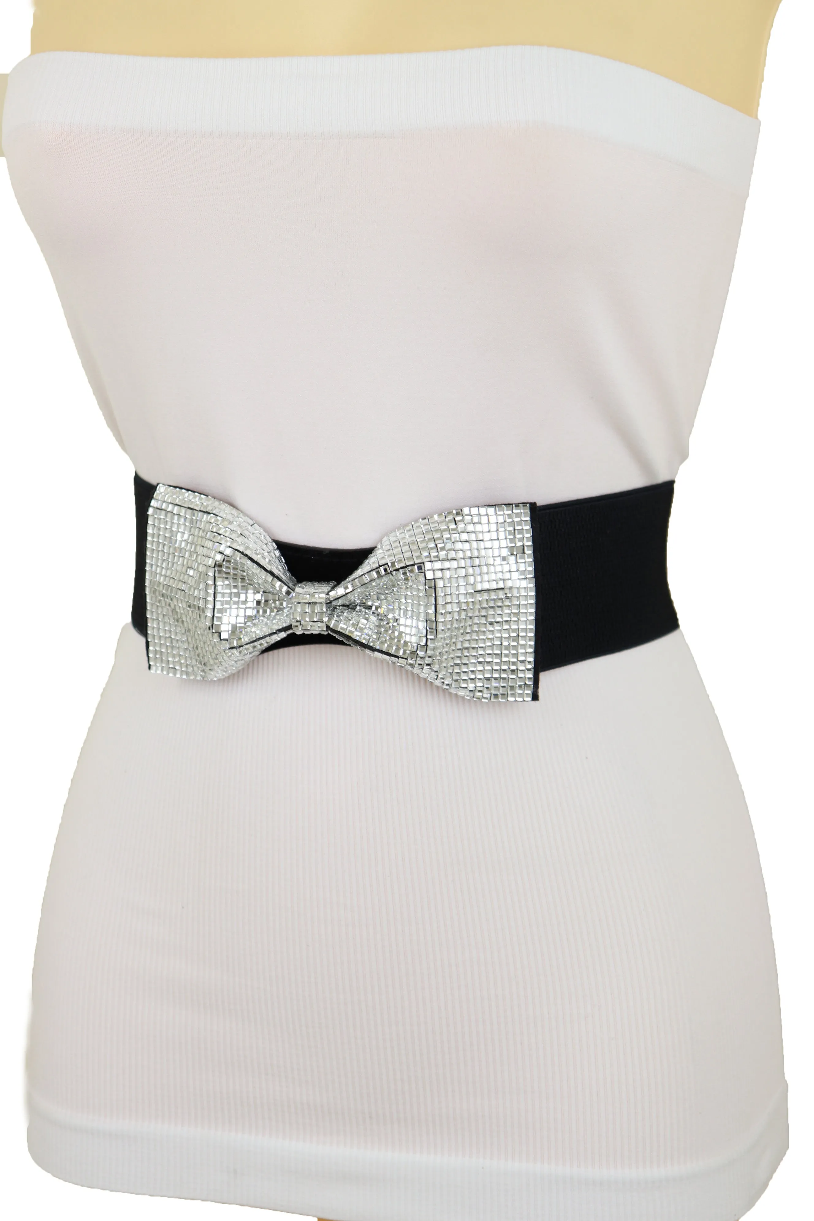 High Waist Hip Silver Bling Bow Tie Buckle Belt Black Elastic Band S M