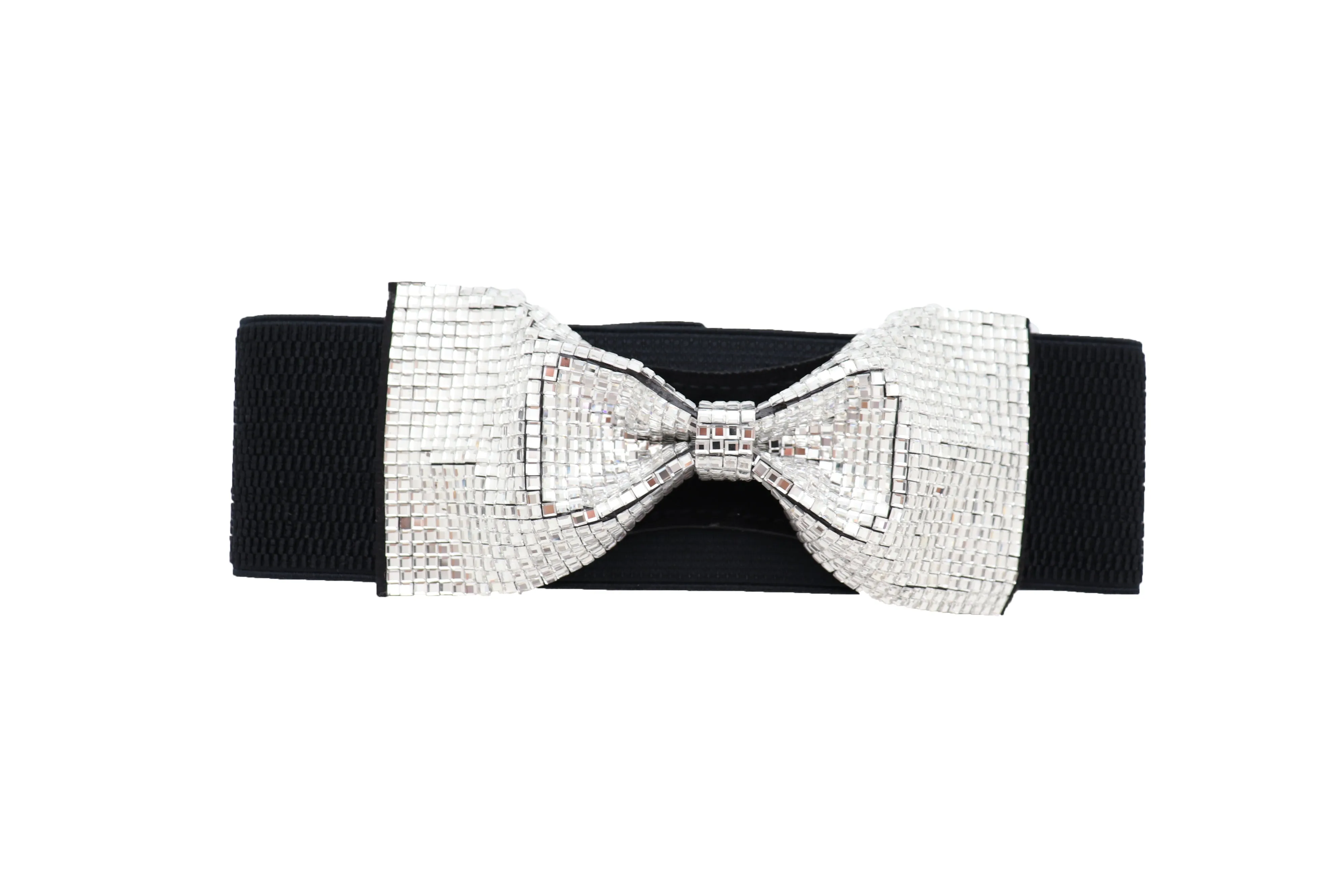 High Waist Hip Silver Bling Bow Tie Buckle Belt Black Elastic Band S M