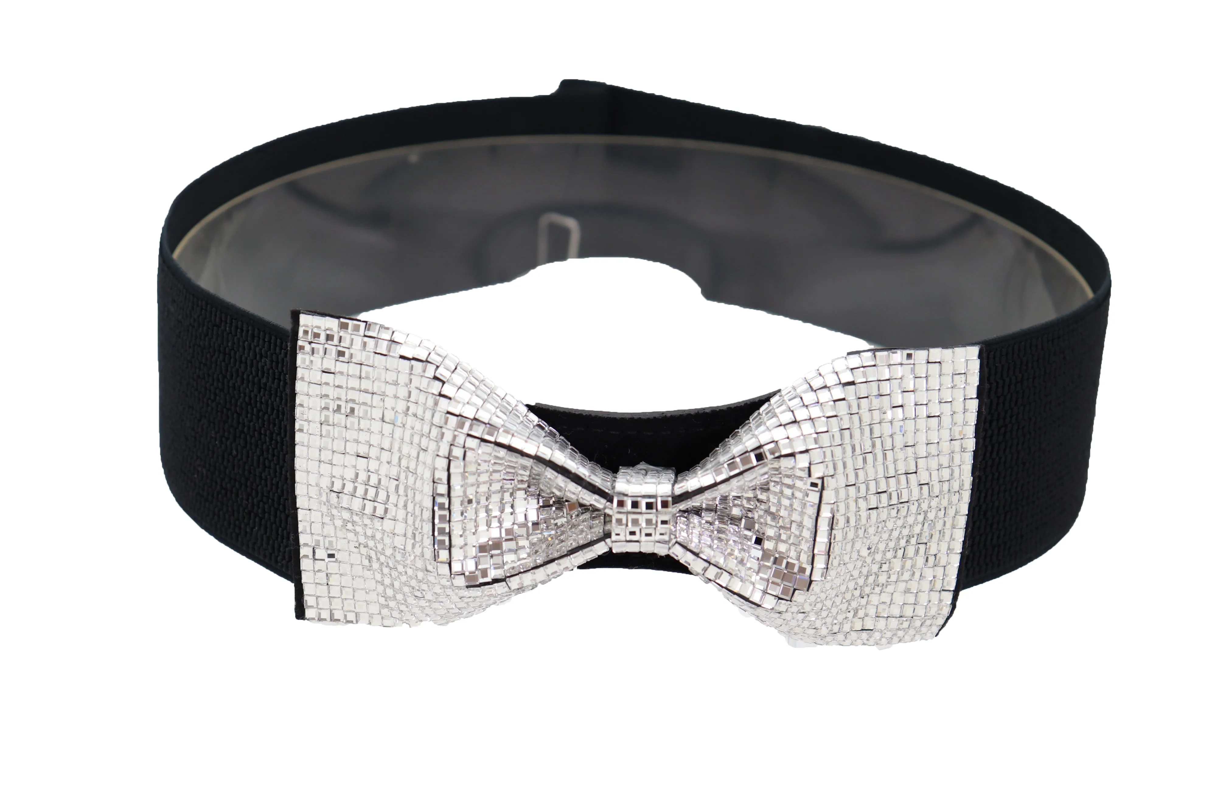 High Waist Hip Silver Bling Bow Tie Buckle Belt Black Elastic Band S M