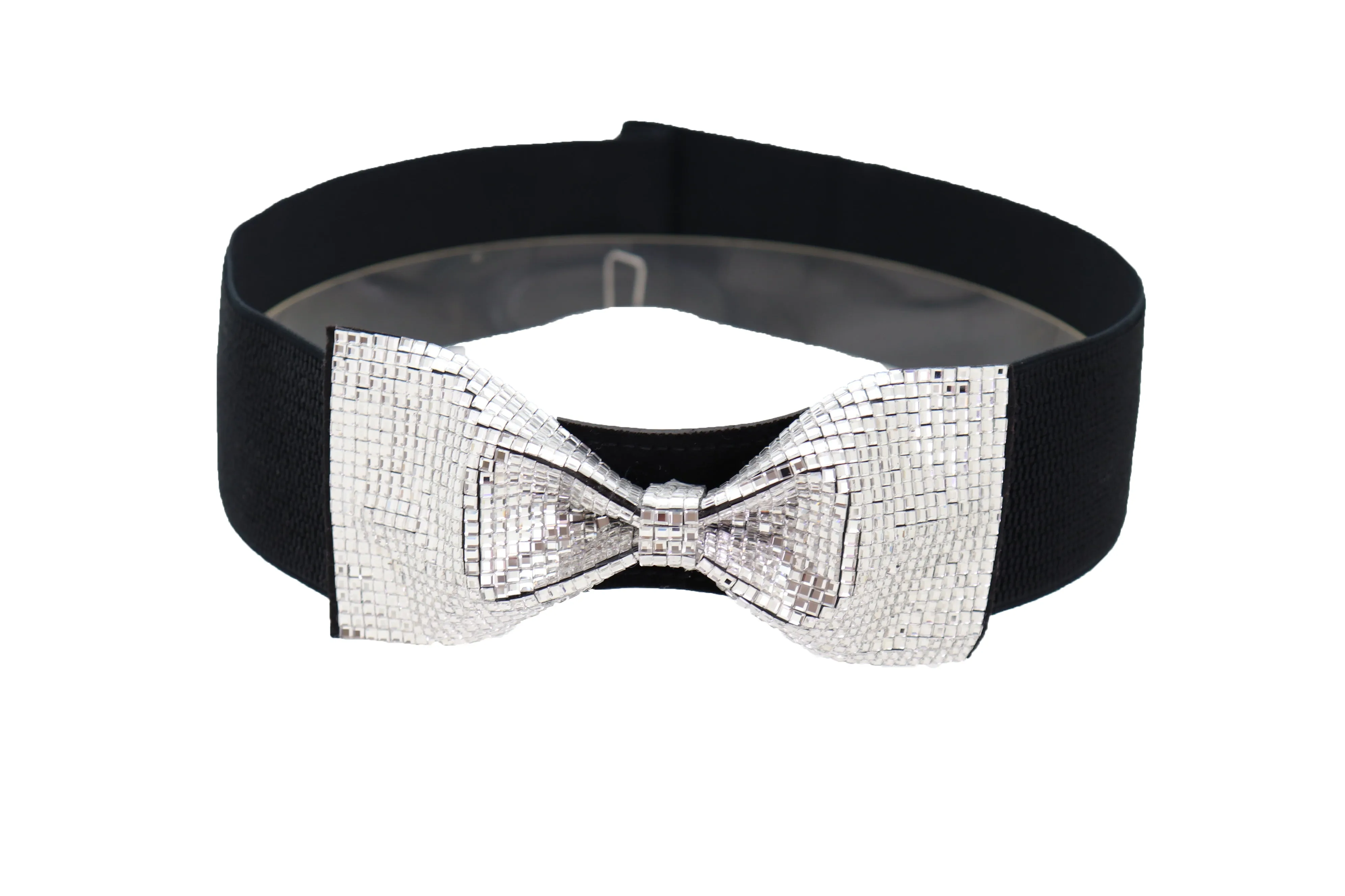 High Waist Hip Silver Bling Bow Tie Buckle Belt Black Elastic Band S M