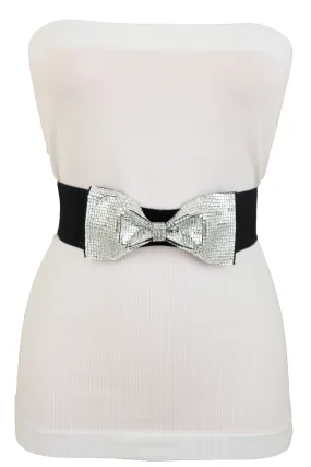 High Waist Hip Silver Bling Bow Tie Buckle Belt Black Elastic Band S M