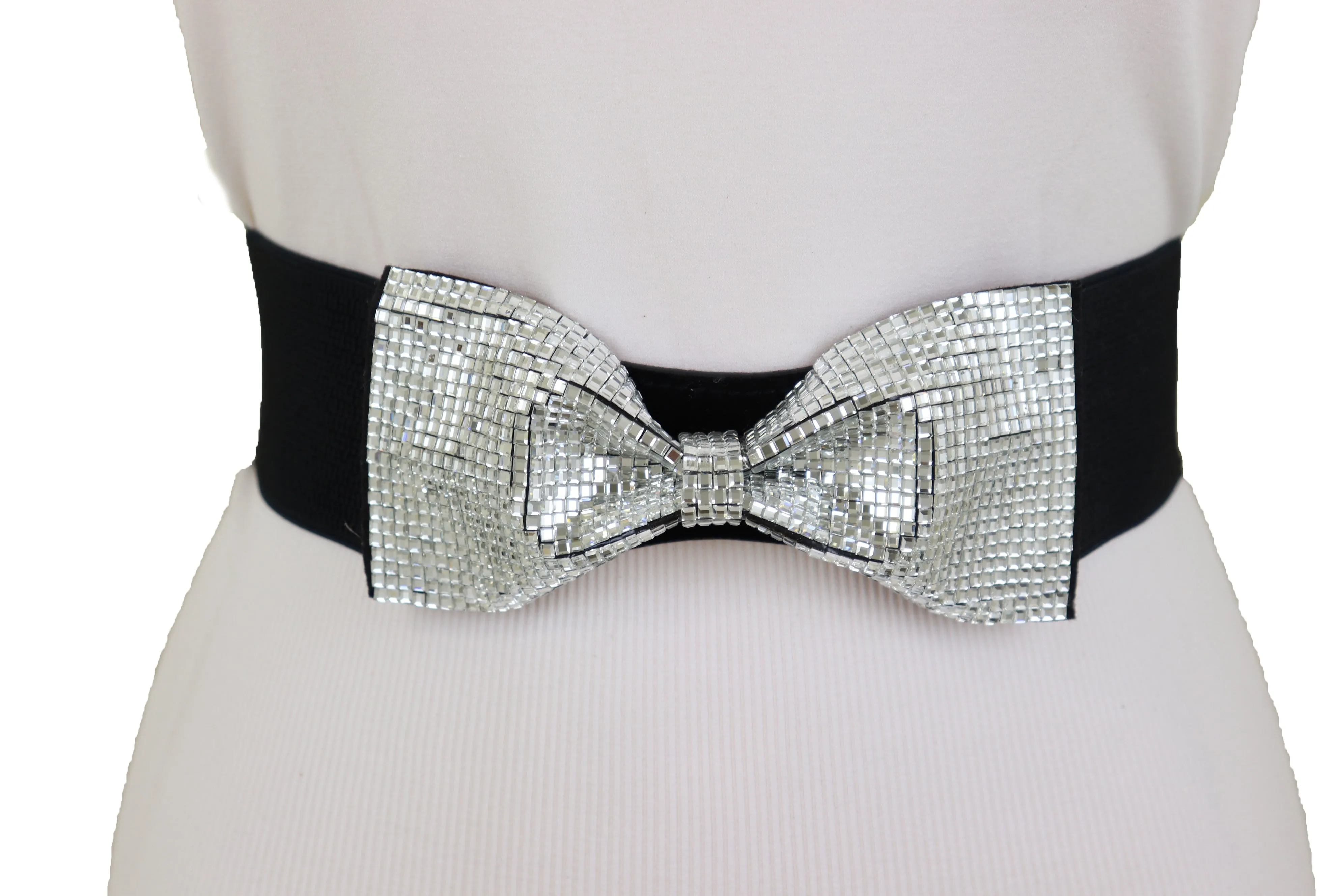 High Waist Hip Silver Bling Bow Tie Buckle Belt Black Elastic Band S M