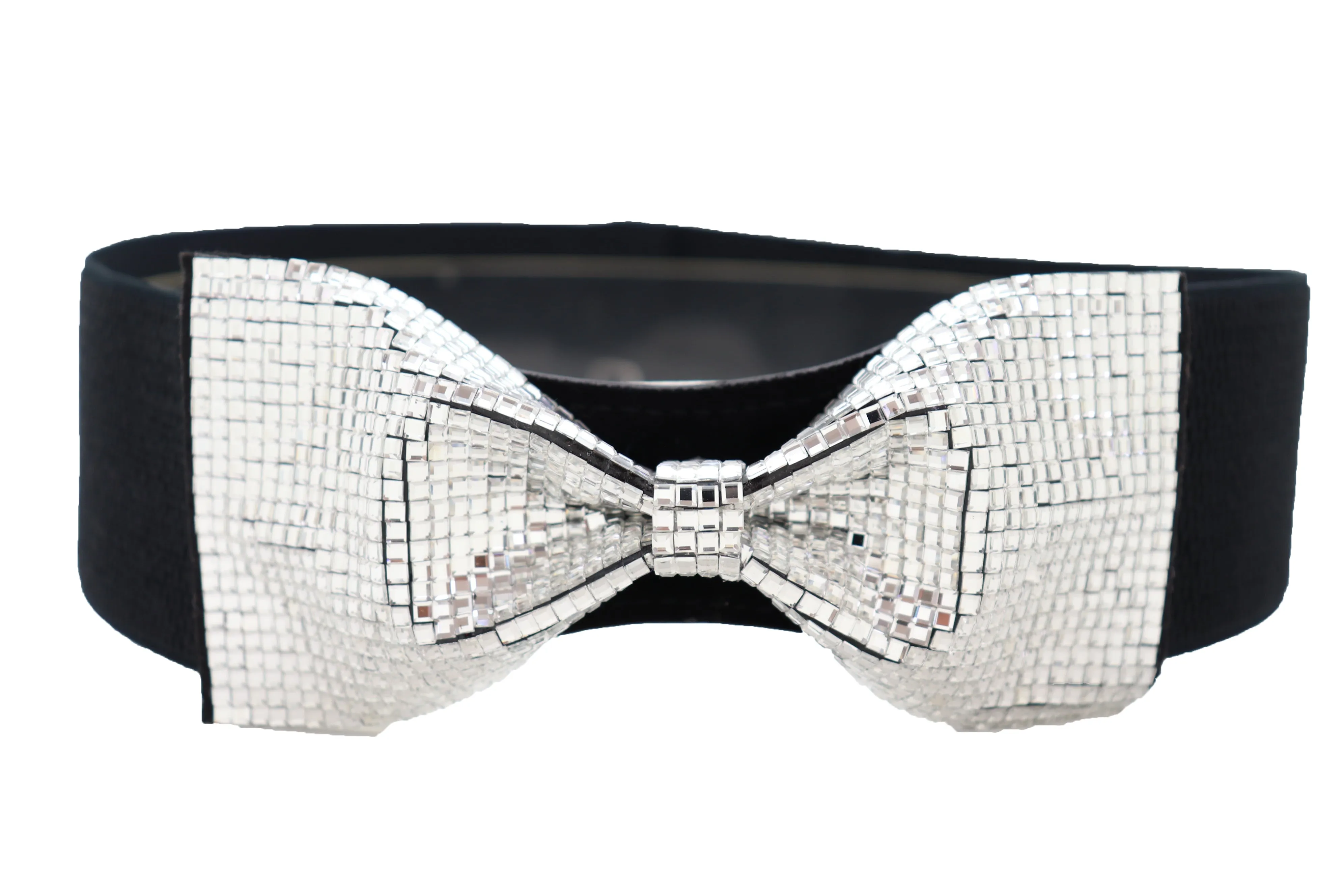 High Waist Hip Silver Bling Bow Tie Buckle Belt Black Elastic Band S M