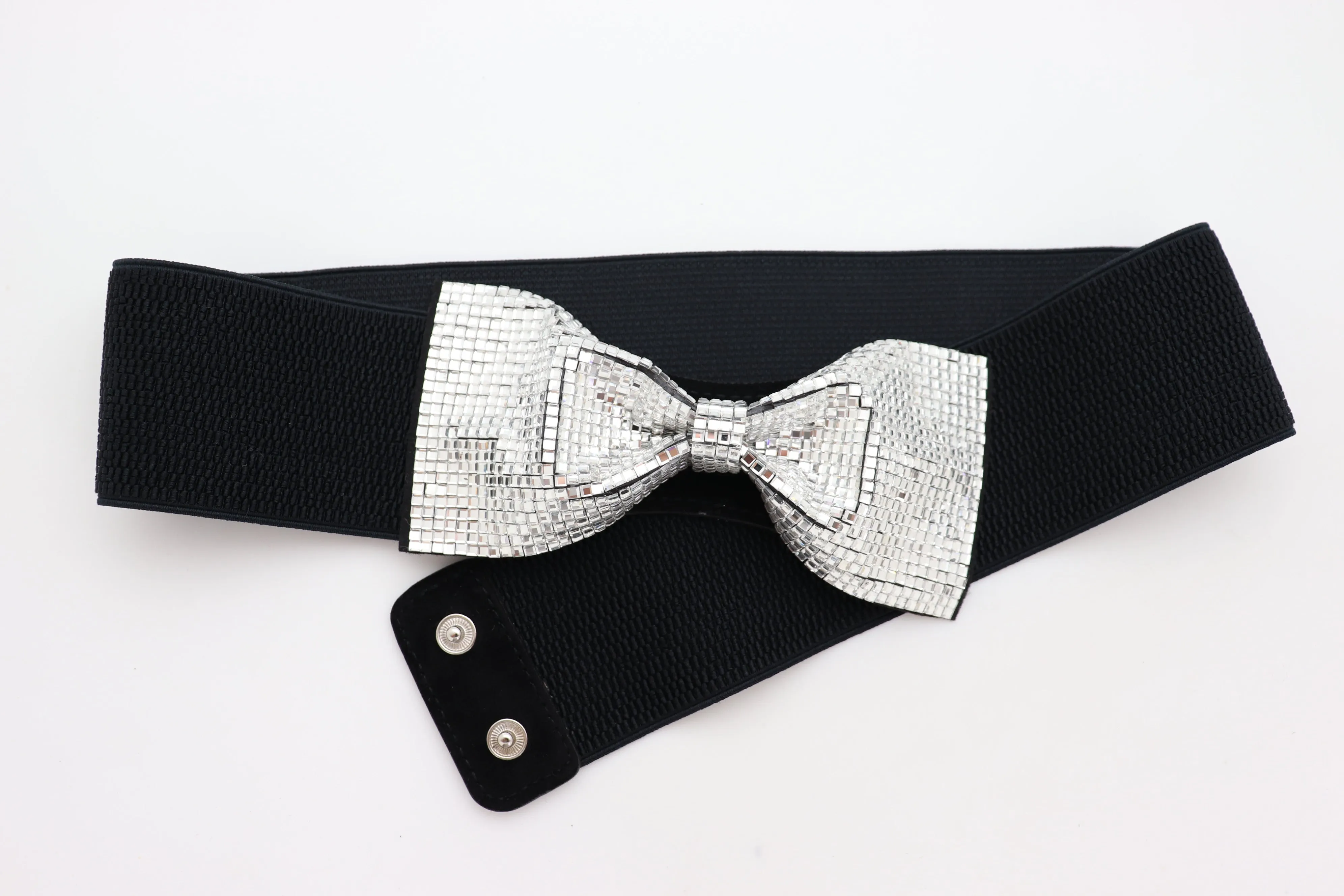 High Waist Hip Silver Bling Bow Tie Buckle Belt Black Elastic Band S M