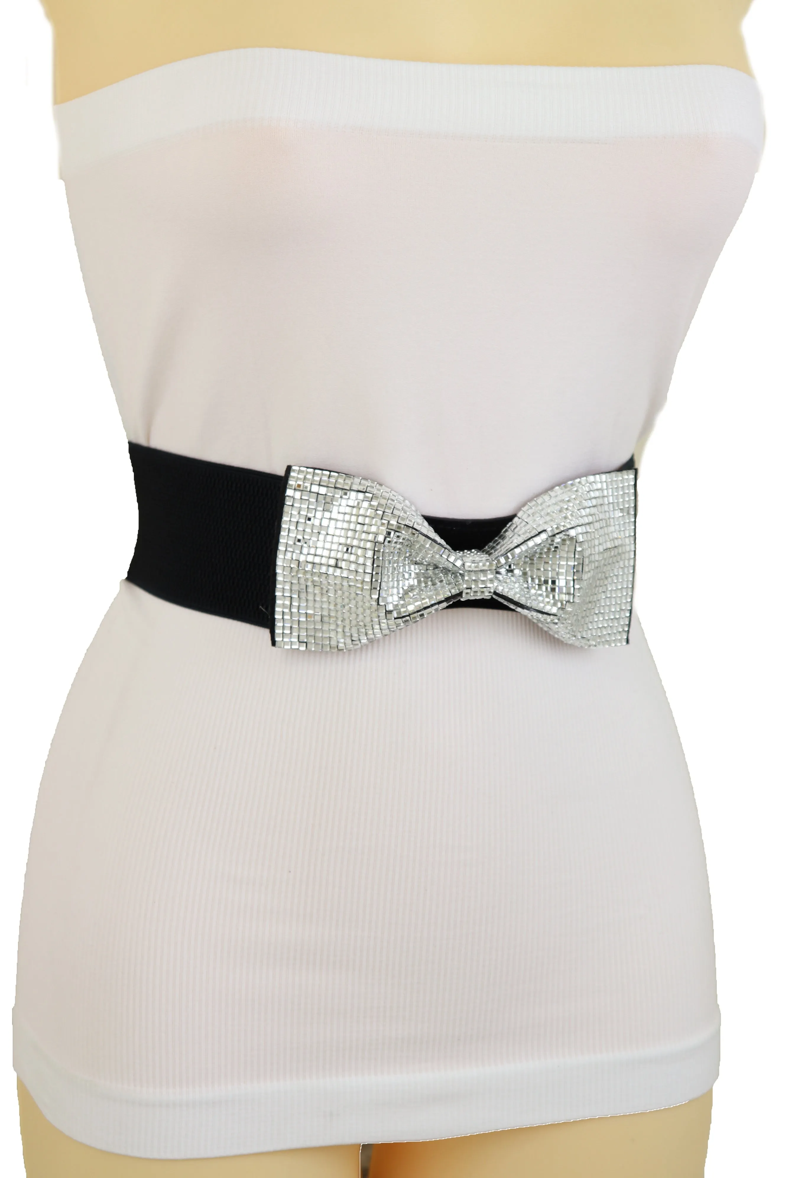 High Waist Hip Silver Bling Bow Tie Buckle Belt Black Elastic Band S M