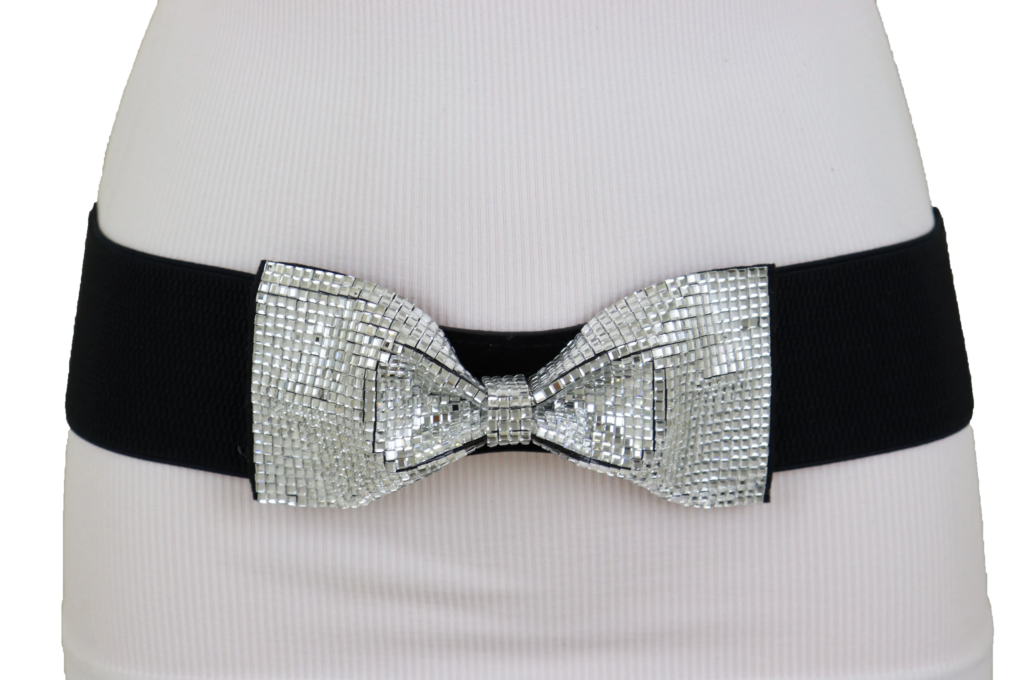 High Waist Hip Silver Bling Bow Tie Buckle Belt Black Elastic Band S M