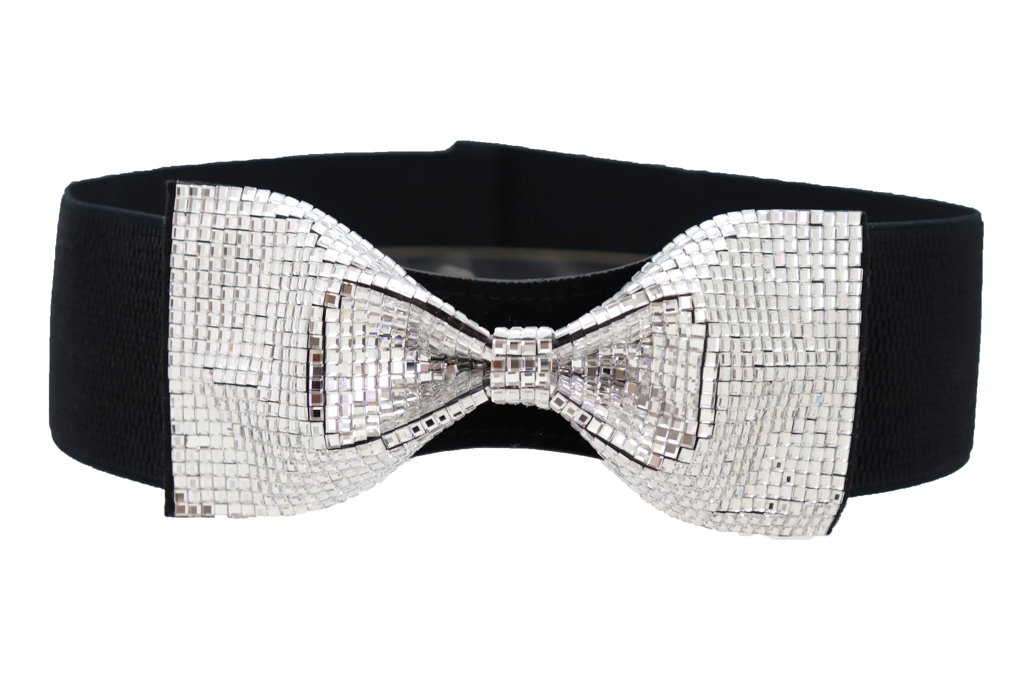 High Waist Hip Silver Bling Bow Tie Buckle Belt Black Elastic Band S M