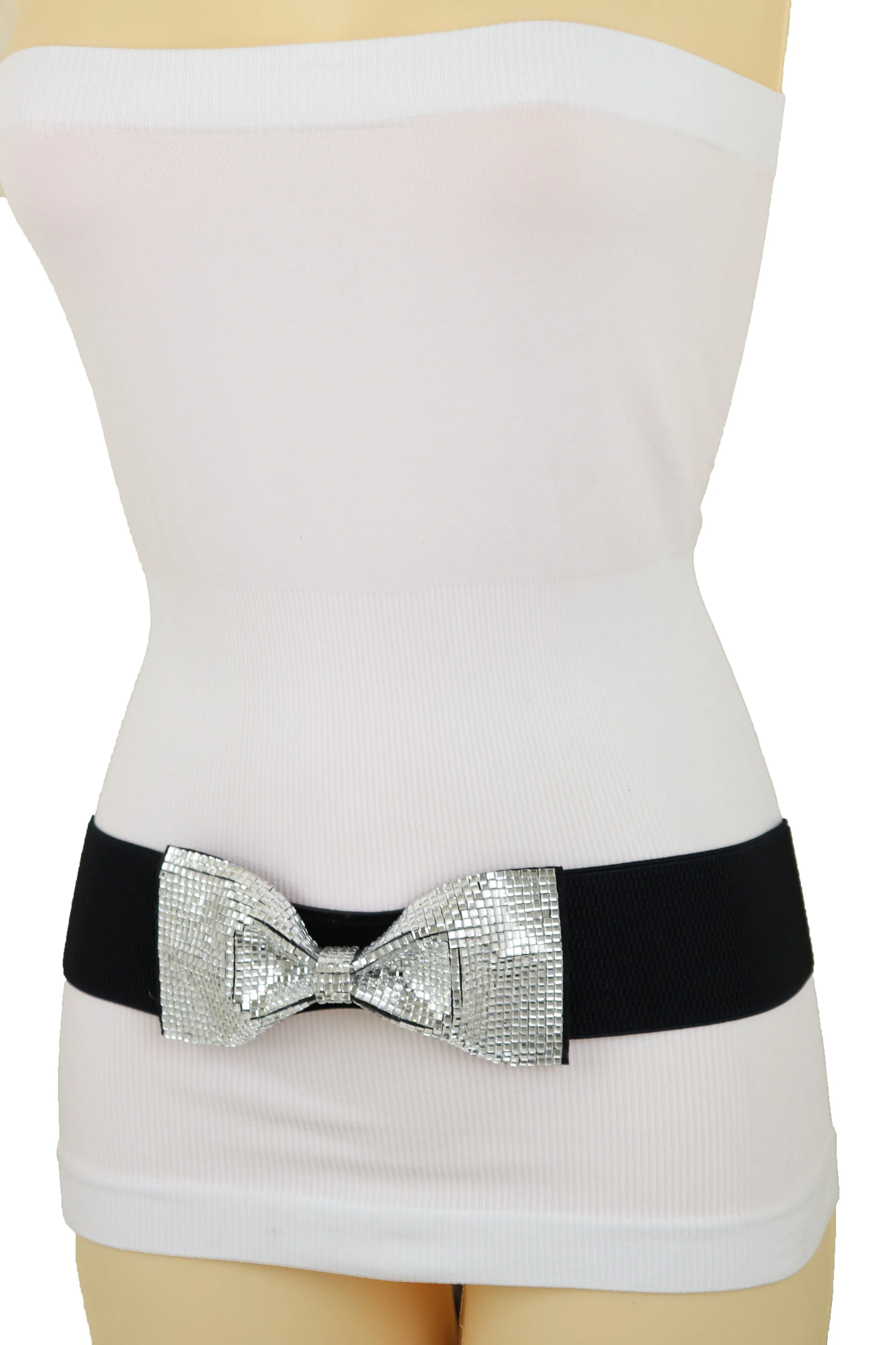 High Waist Hip Silver Bling Bow Tie Buckle Belt Black Elastic Band S M