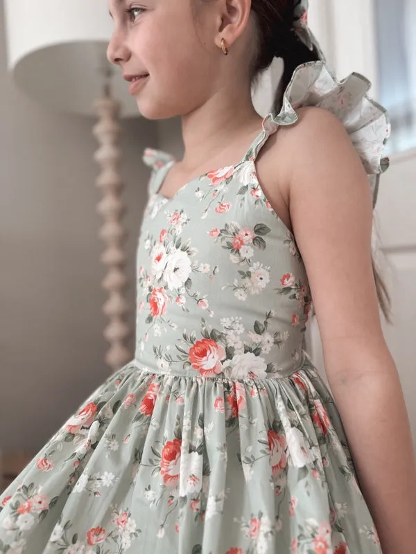 Josephine Girls Christmas Dress - Green Floral