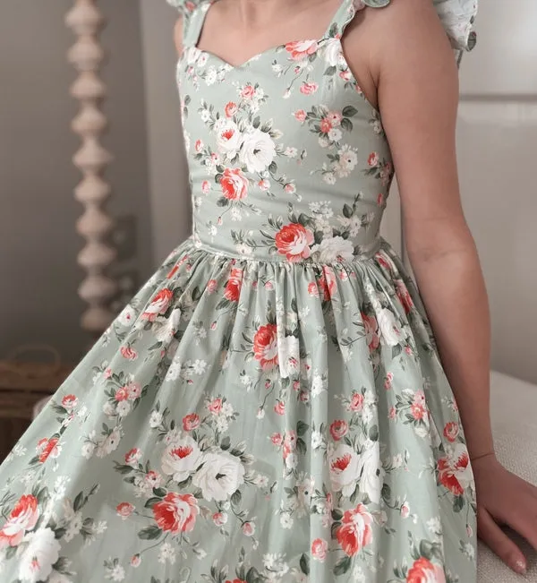 Josephine Girls Christmas Dress - Green Floral