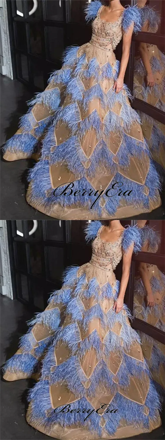 Light Blue Feathers Organza Prom Dresses, Luxury Beaded Prom Dresses, Prom Dresses