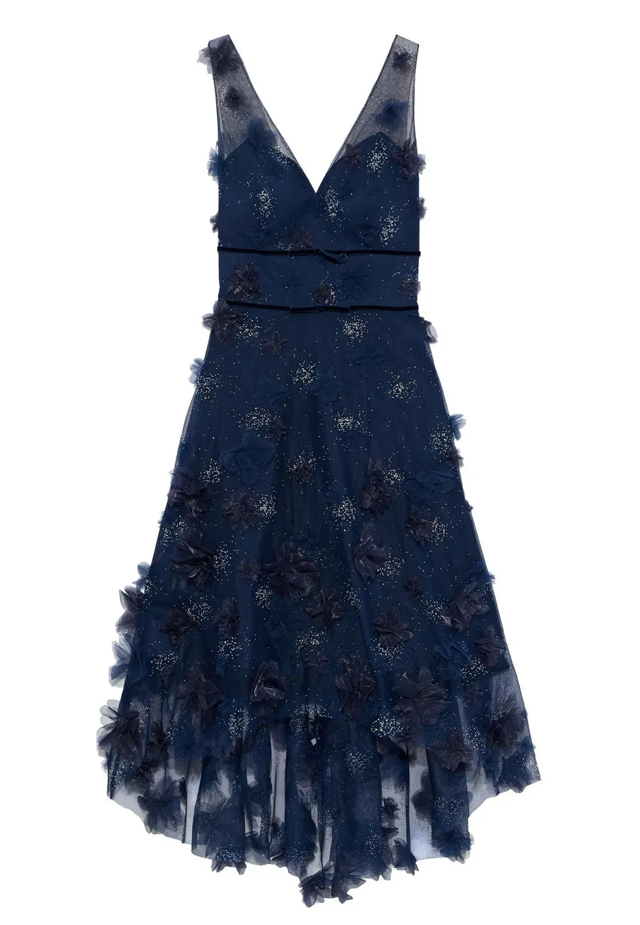 Navy Floral-AppliquǸd Glittered Tulle Midi dress