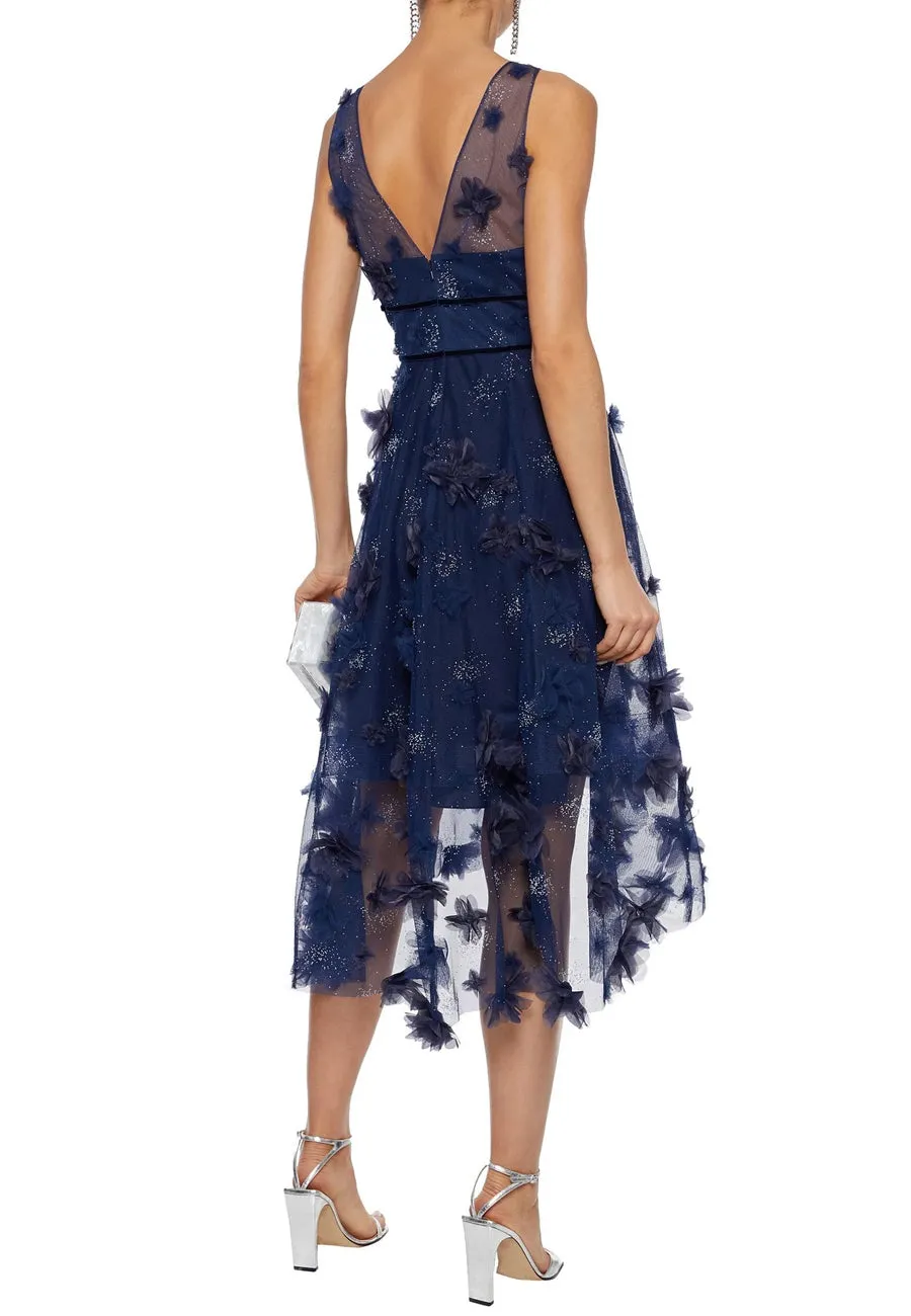 Navy Floral-AppliquǸd Glittered Tulle Midi dress