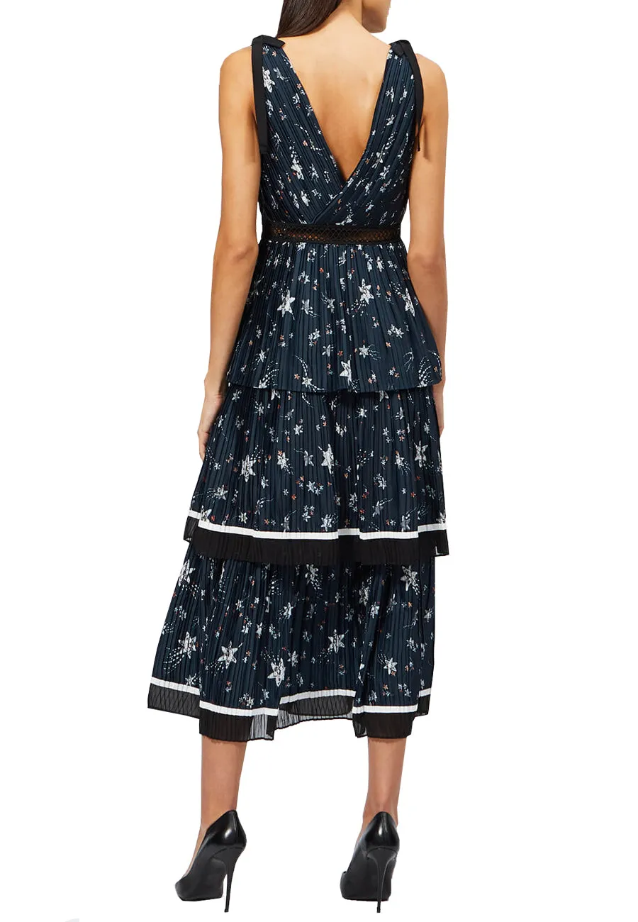 Navy Star Print Satin Tiered Midi Dress