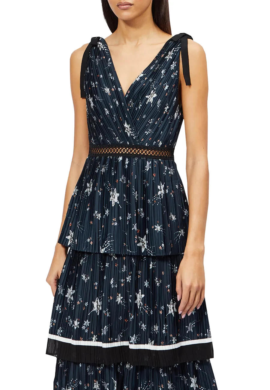 Navy Star Print Satin Tiered Midi Dress