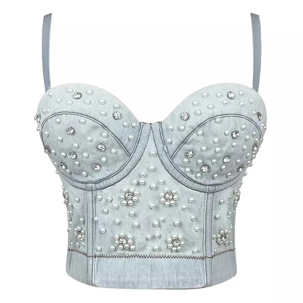 Pearl Denim Corset Bustier Top