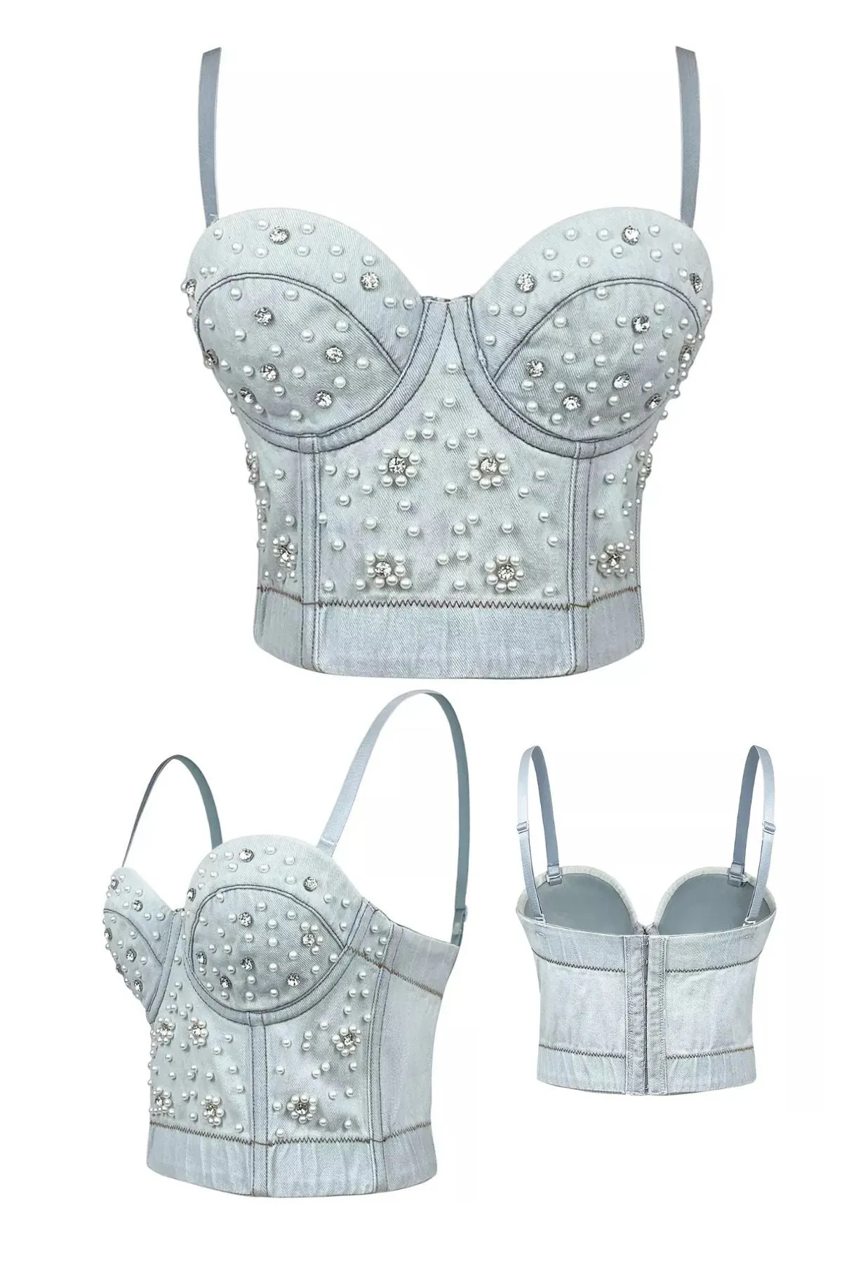 Pearl Denim Corset Bustier Top