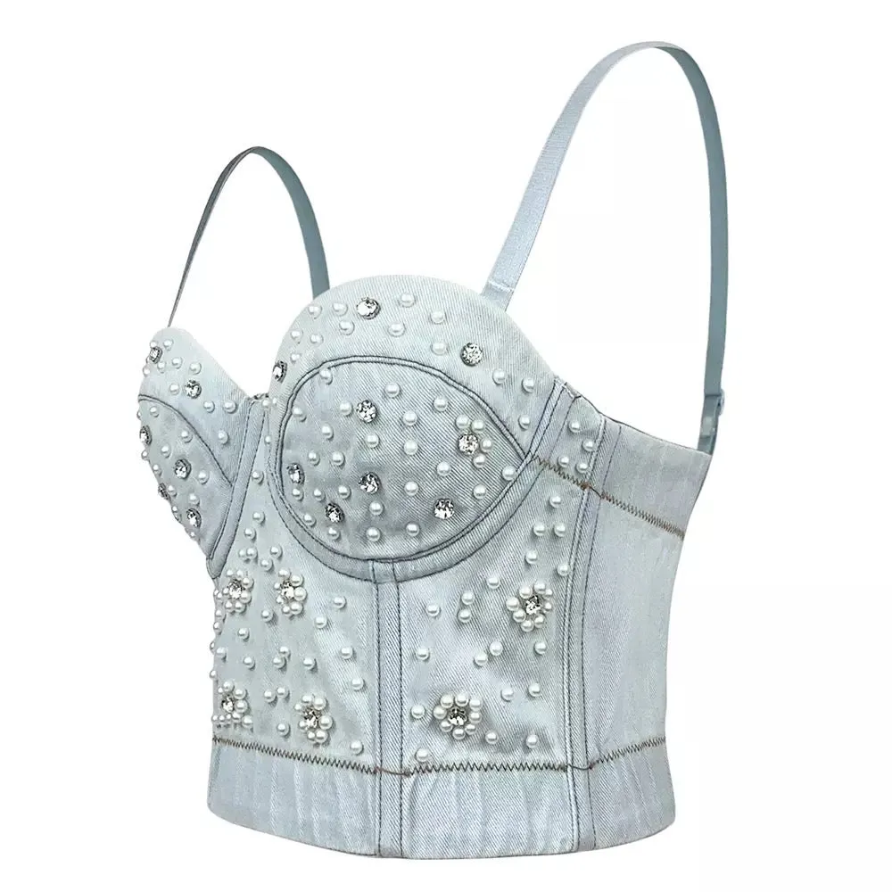 Pearl Denim Corset Bustier Top